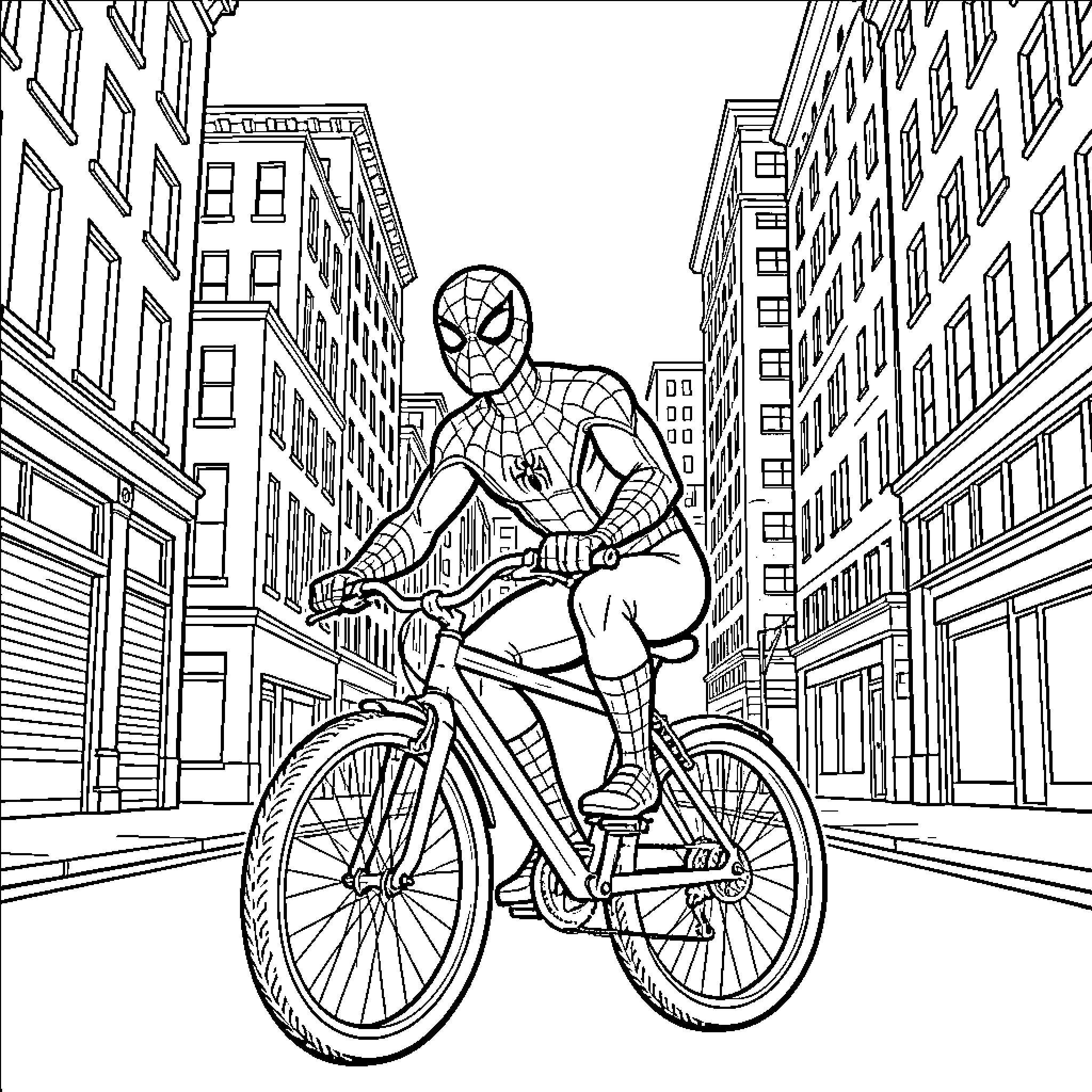 Spiderman riding a bicycle through a city street Coloring Page (free black-and-white line drawing printable PDF for all, from beginners to advanced learners, including children, teens, adults, and seniors)