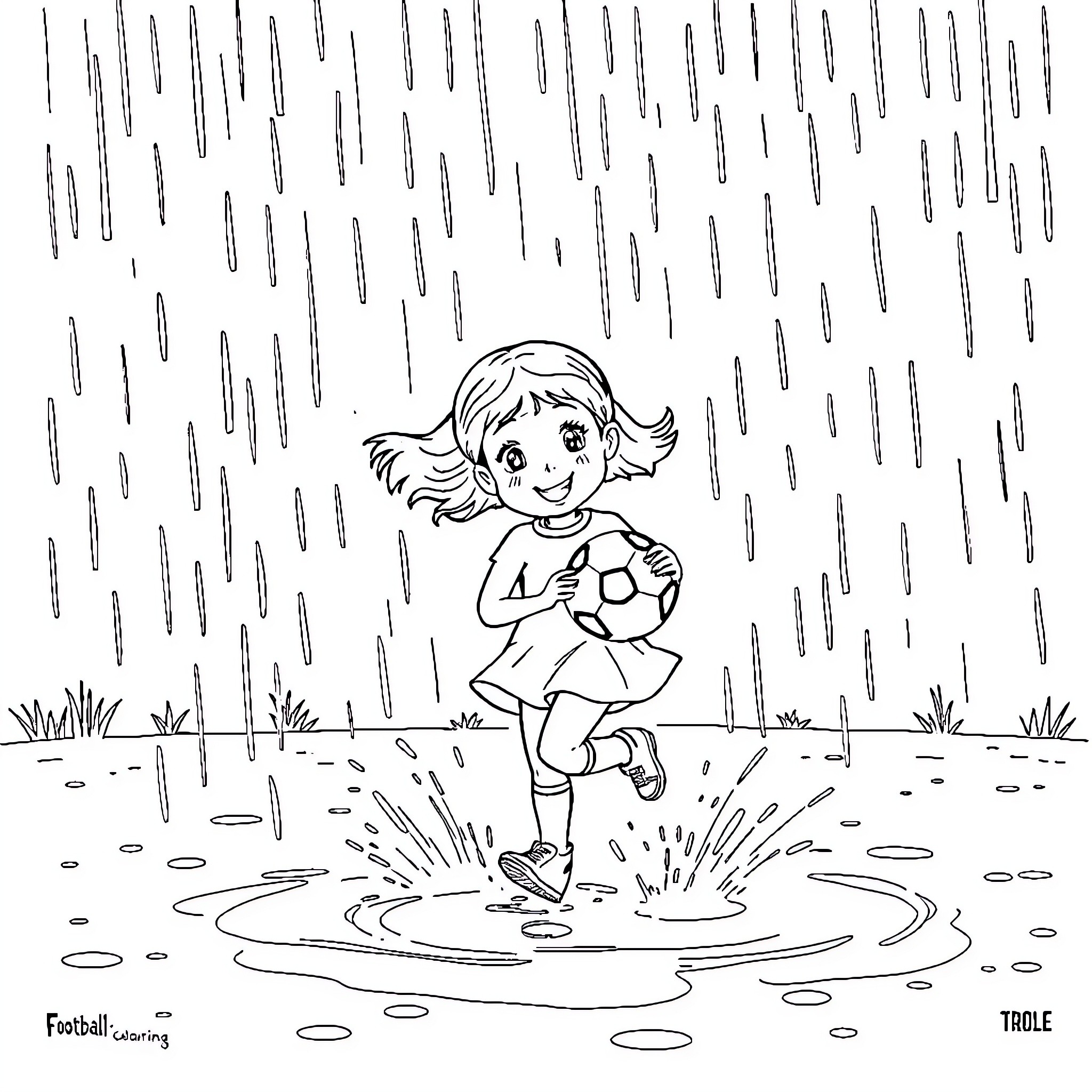 Sophie Splashing Happily in the Rain Coloring Page (free black-and-white line drawing printable PDF for all, from beginners to advanced learners, including children, teens, adults, and seniors)