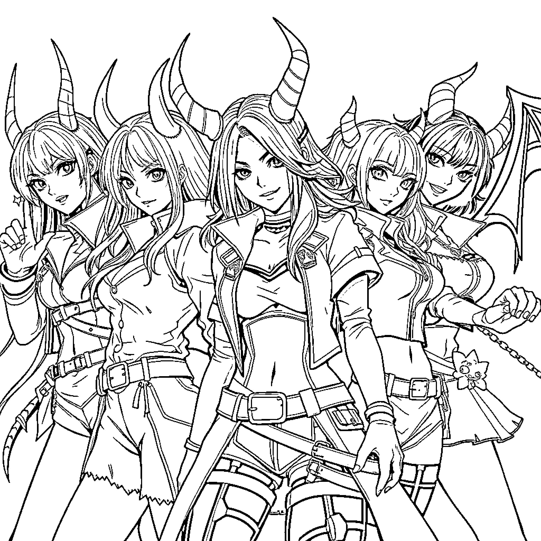 Kpop Demon Hunter - Fierce Anime Characters in Action Coloring Page (free black-and-white line drawing printable PDF for all, from beginners to advanced learners, including children, teens, adults, and seniors)