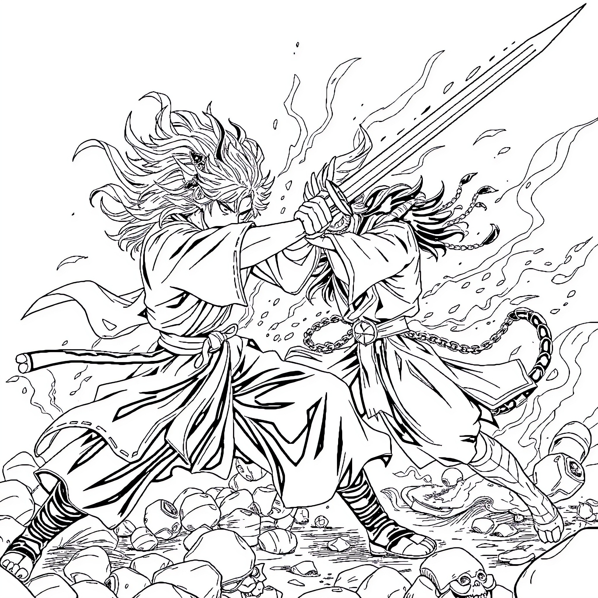 Tanjiro's Fierce Blade Dance Amid Chaos Coloring Page (free black-and-white line drawing printable PDF for all, from beginners to advanced learners, including children, teens, adults, and seniors)