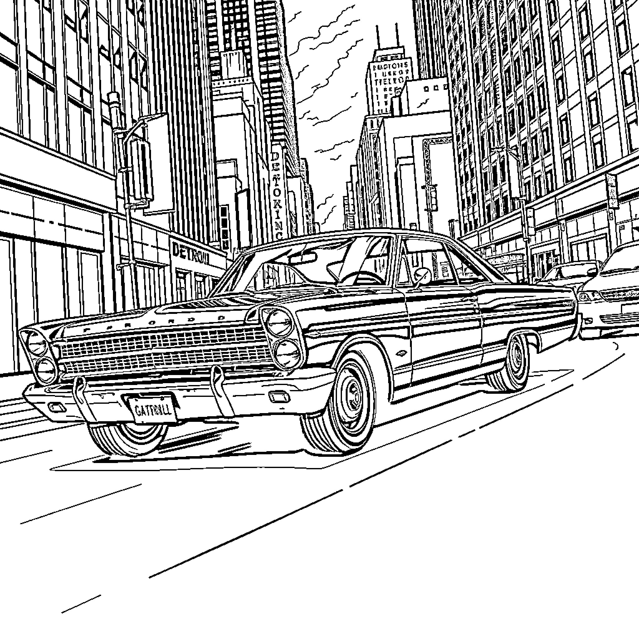 Ford Galaxie Driving Through Bustling City Street Coloring Page (free black-and-white line drawing printable PDF for all, from beginners to advanced learners, including children, teens, adults, and seniors)