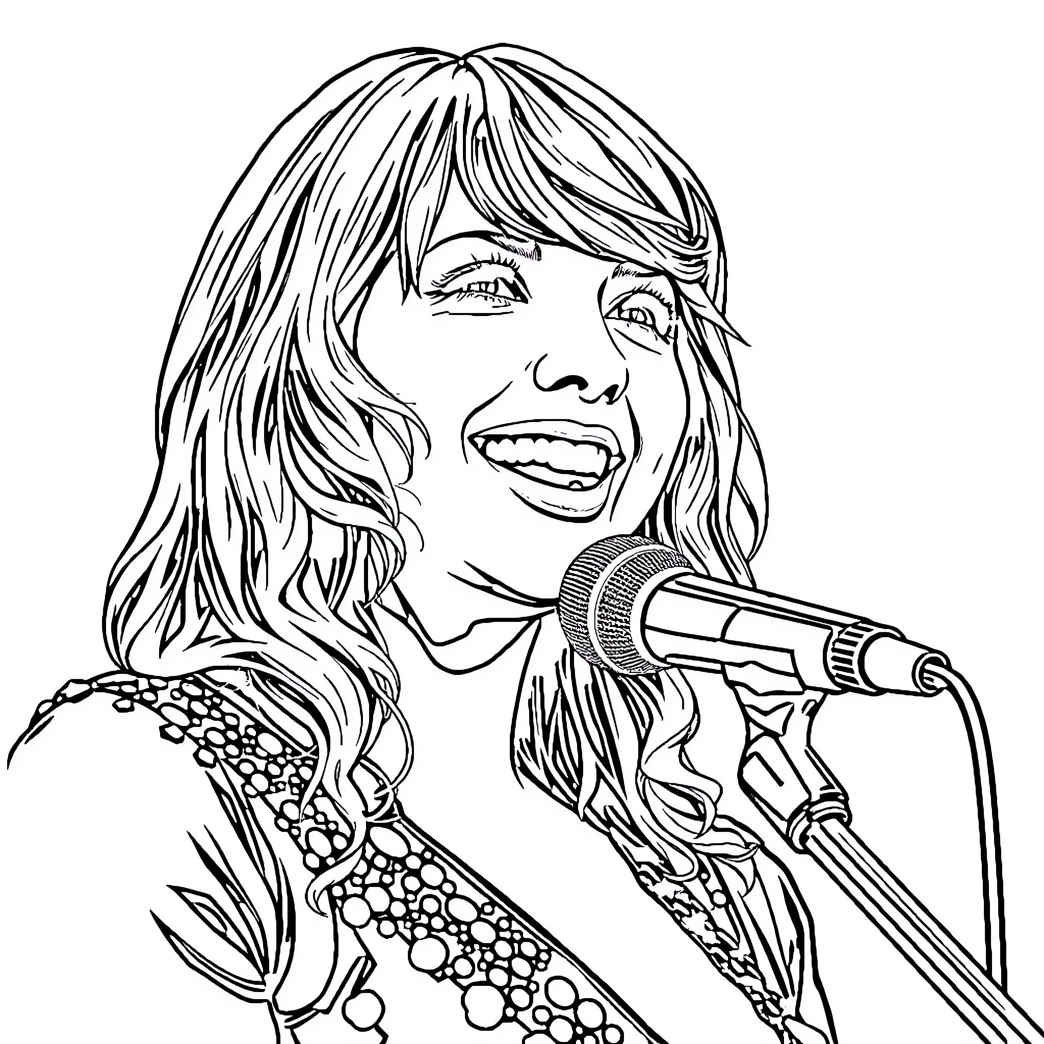 Taylor Swift performing on stage with microphone Coloring Page (free black-and-white line drawing printable PDF for all, from beginners to advanced learners, including children, teens, adults, and seniors)