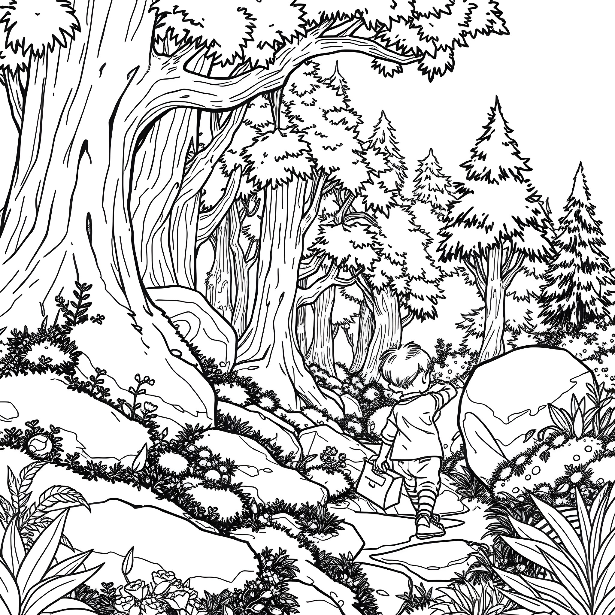 Child exploring the enchanting forest Coloring Page (free black-and-white line drawing printable PDF for all, from beginners to advanced learners, including children, teens, adults, and seniors)
