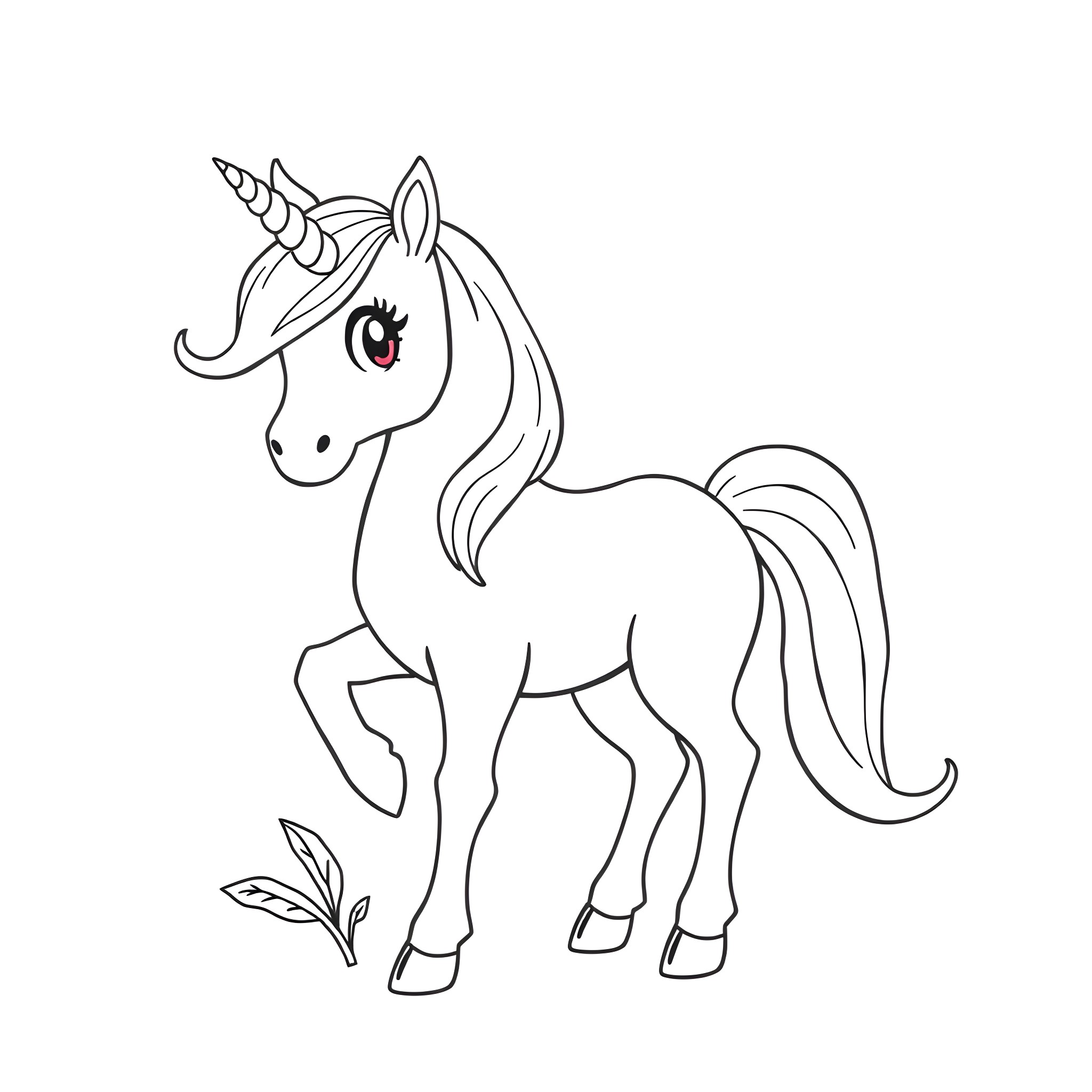 Unicorn standing gracefully with horn Coloring Page (free black-and-white line drawing printable PDF for all, from beginners to advanced learners, including children, teens, adults, and seniors)