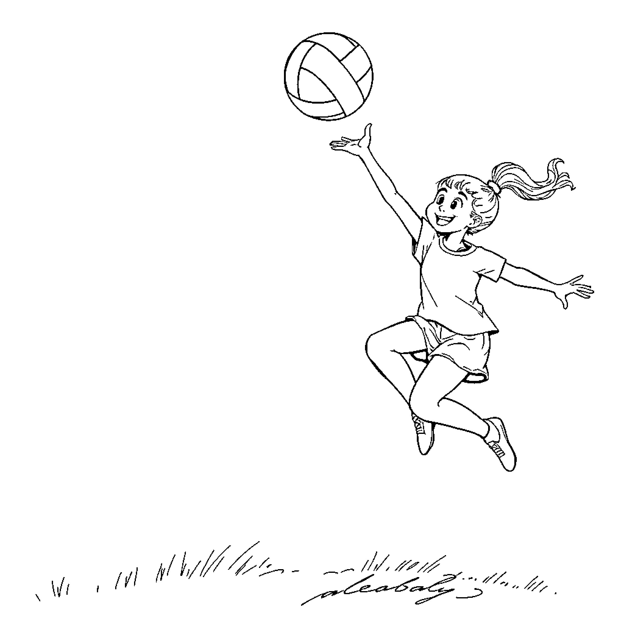Volleyball player jumping to spike the ball Coloring Page (free black-and-white line drawing printable PDF for all, from beginners to advanced learners, including children, teens, adults, and seniors)