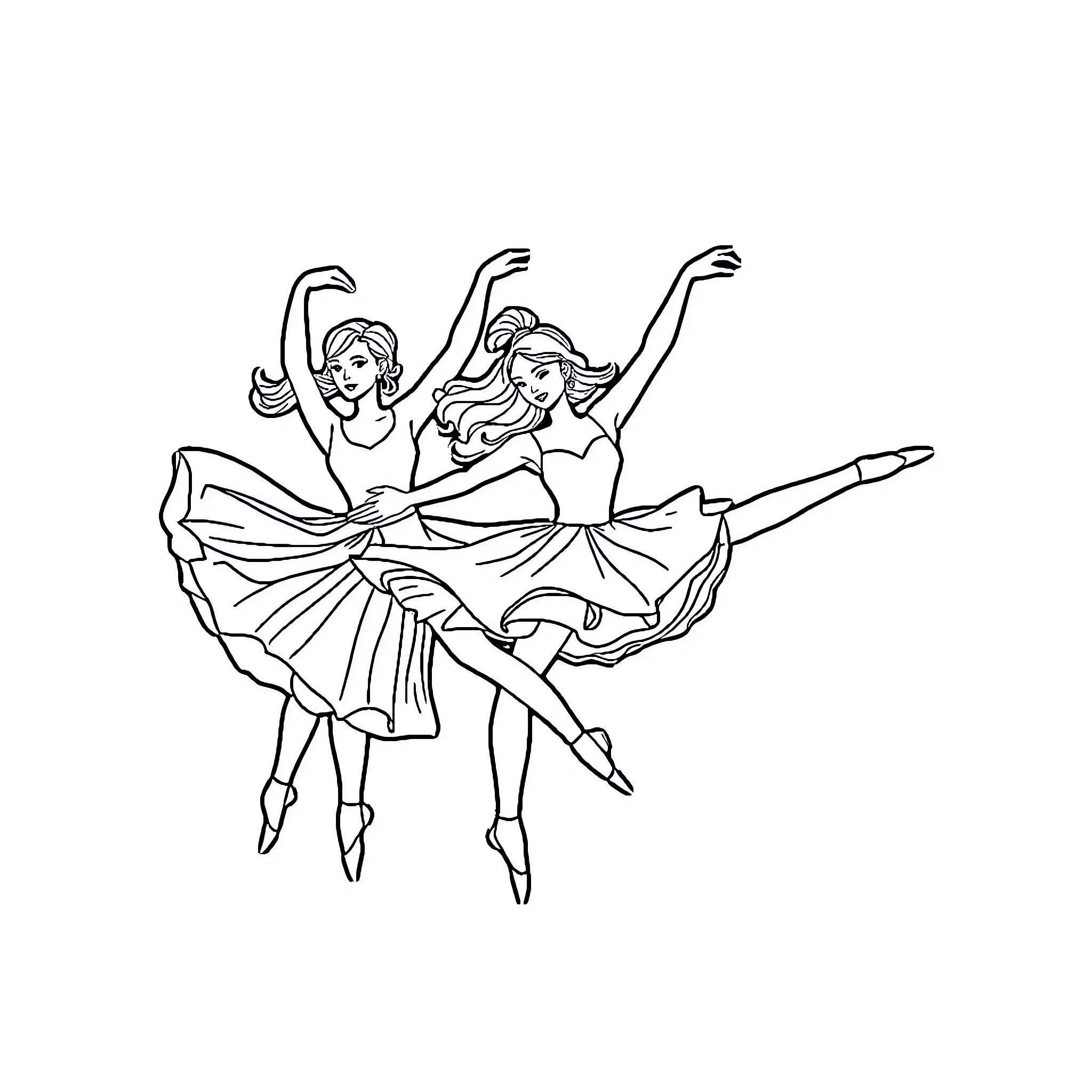 Dance Academy: Graceful Ballerina Dancers in Motion Coloring Page (free black-and-white line drawing printable PDF for all, from beginners to advanced learners, including children, teens, adults, and seniors)