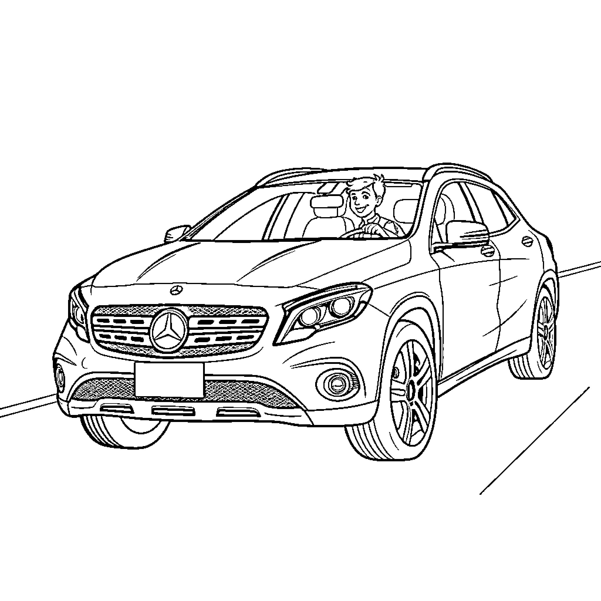 Mercedes-Benz SUV on the road with driver Coloring Page (free black-and-white line drawing printable PDF for all, from beginners to advanced learners, including children, teens, adults, and seniors)
