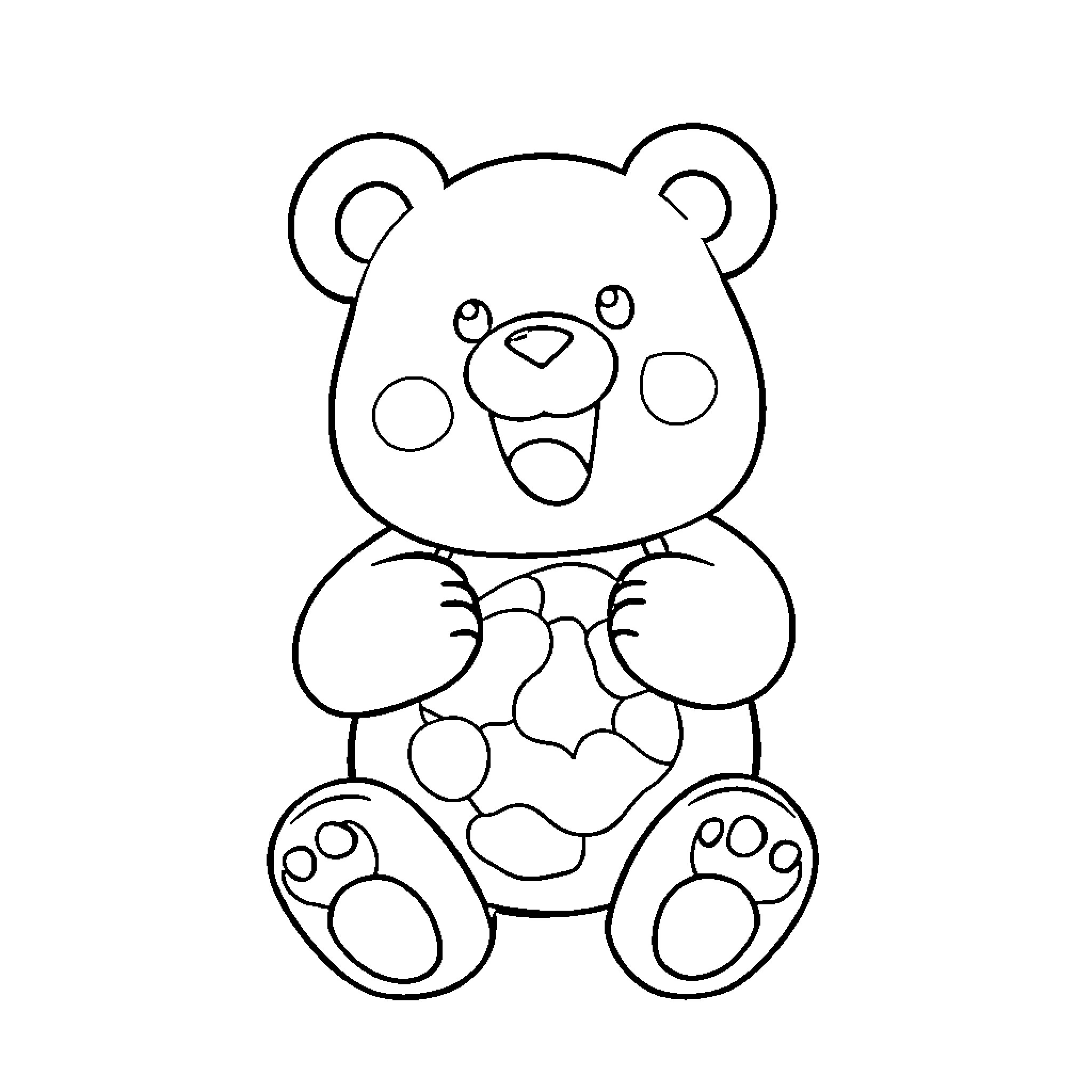 Gummy Bear Sitting Happily Coloring Page (free black-and-white line drawing printable PDF for all, from beginners to advanced learners, including children, teens, adults, and seniors)