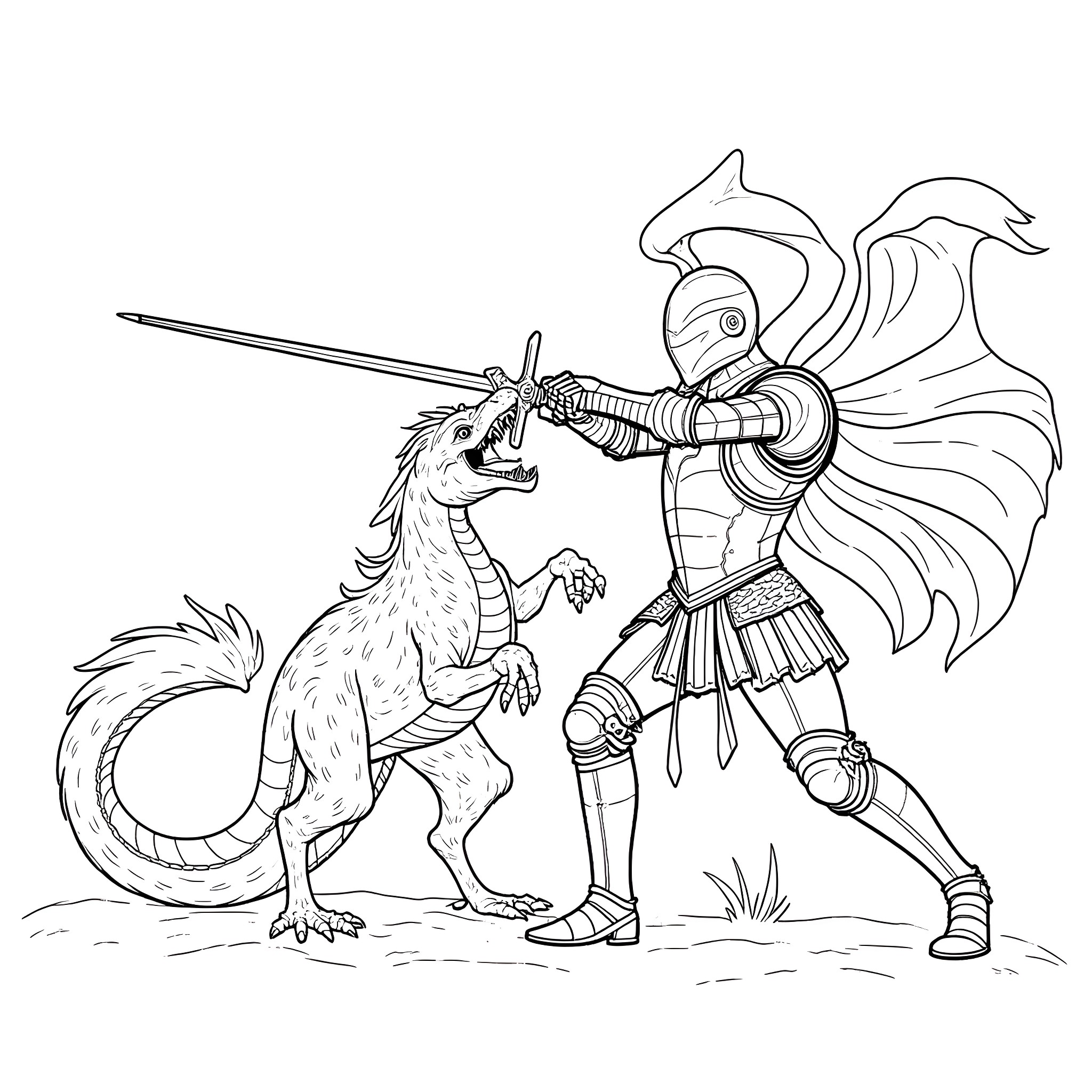 Knight battling a fierce dragon Coloring Page (free black-and-white line drawing printable PDF for all, from beginners to advanced learners, including children, teens, adults, and seniors)