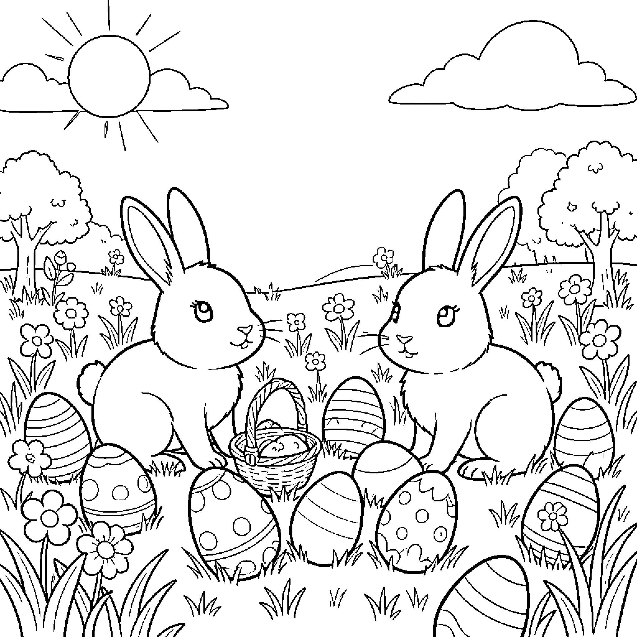 Rabbit friends exploring Easter egg-filled meadow Coloring Page (free black-and-white line drawing printable PDF for all, from beginners to advanced learners, including children, teens, adults, and seniors)