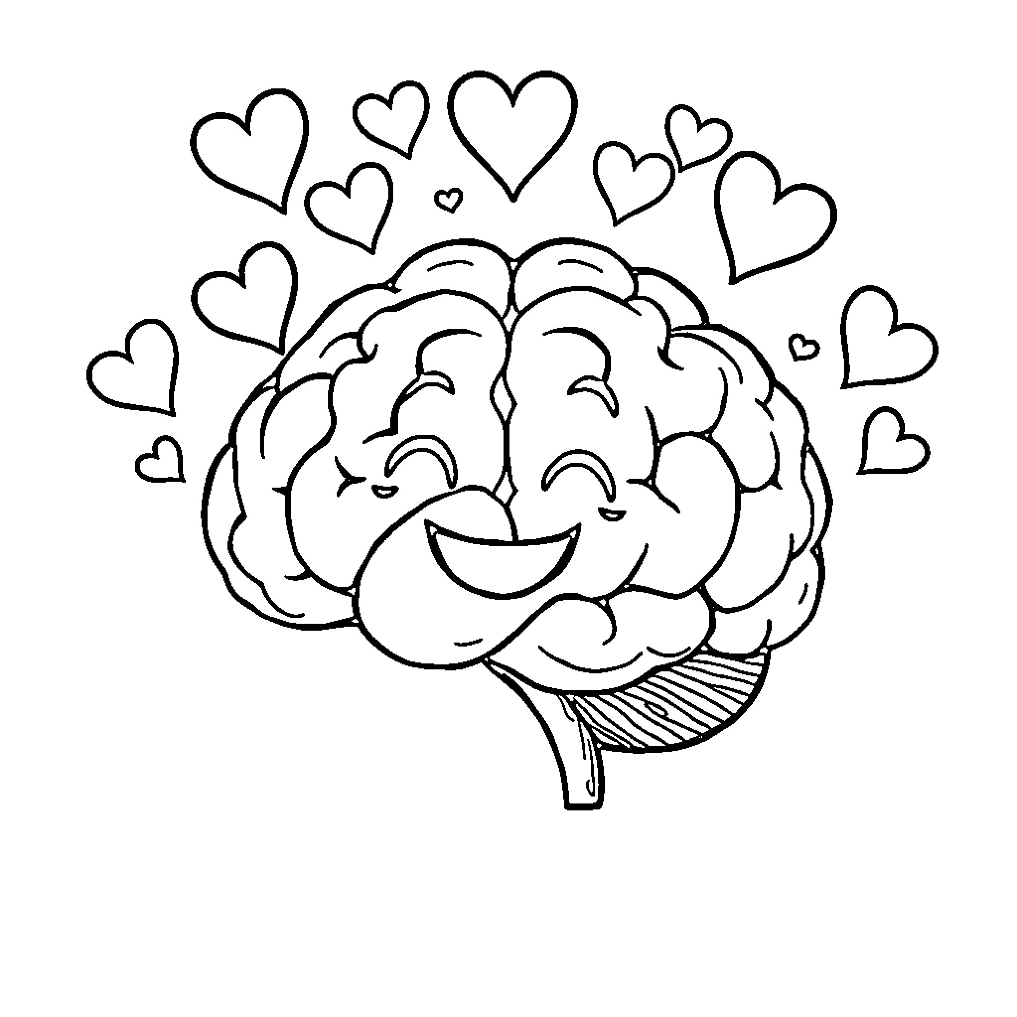Brain filled with hearts enjoying happiness Coloring Page (free black-and-white line drawing printable PDF for all, from beginners to advanced learners, including children, teens, adults, and seniors)