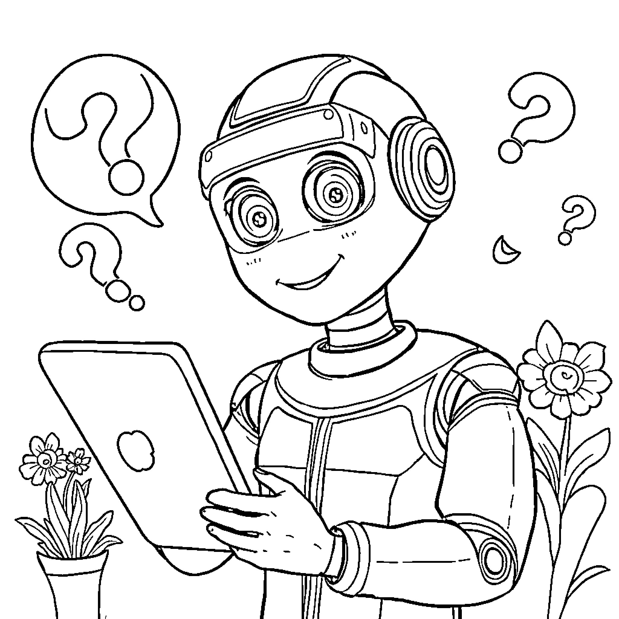AI Robot Exploring Curiously with Technology Coloring Page (free black-and-white line drawing printable PDF for all, from beginners to advanced learners, including children, teens, adults, and seniors)