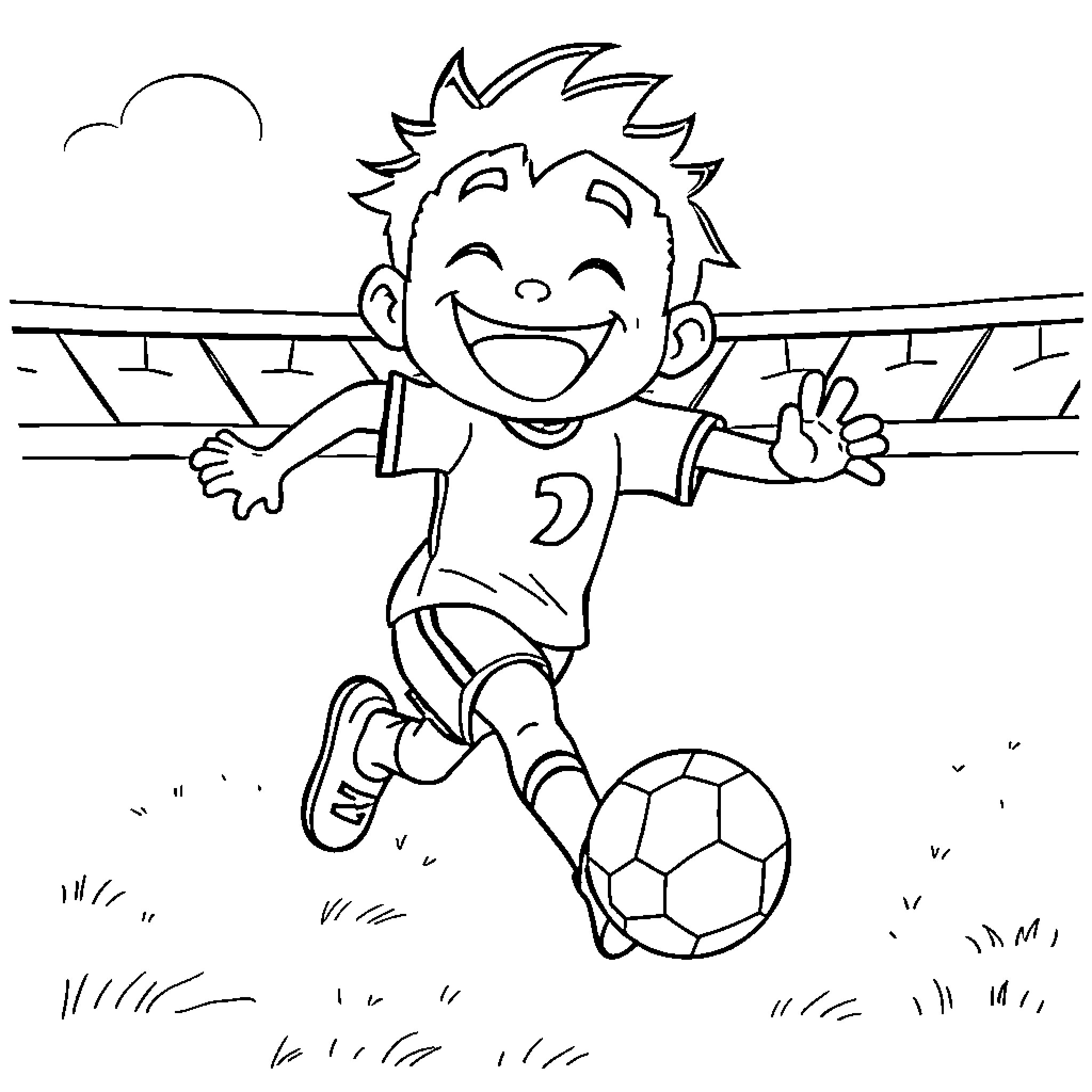 Tanjiro playing happily with a soccer ball Coloring Page (free black-and-white line drawing printable PDF for all, from beginners to advanced learners, including children, teens, adults, and seniors)