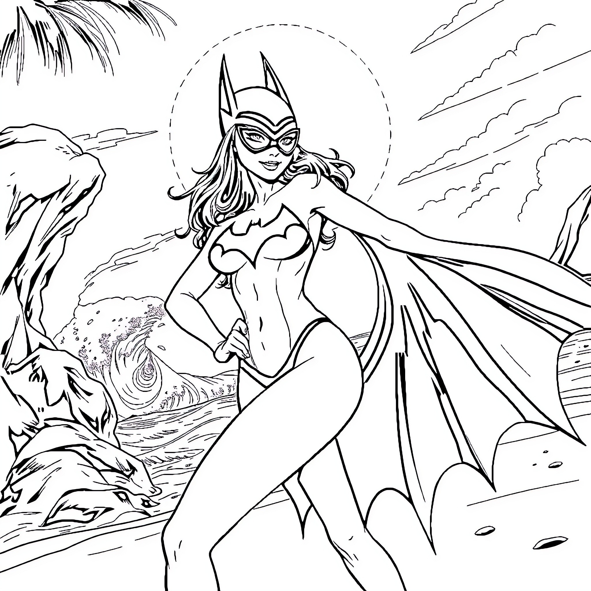 Batgirl exploring the wilderness Coloring Page (free black-and-white line drawing printable PDF for all, from beginners to advanced learners, including children, teens, adults, and seniors)