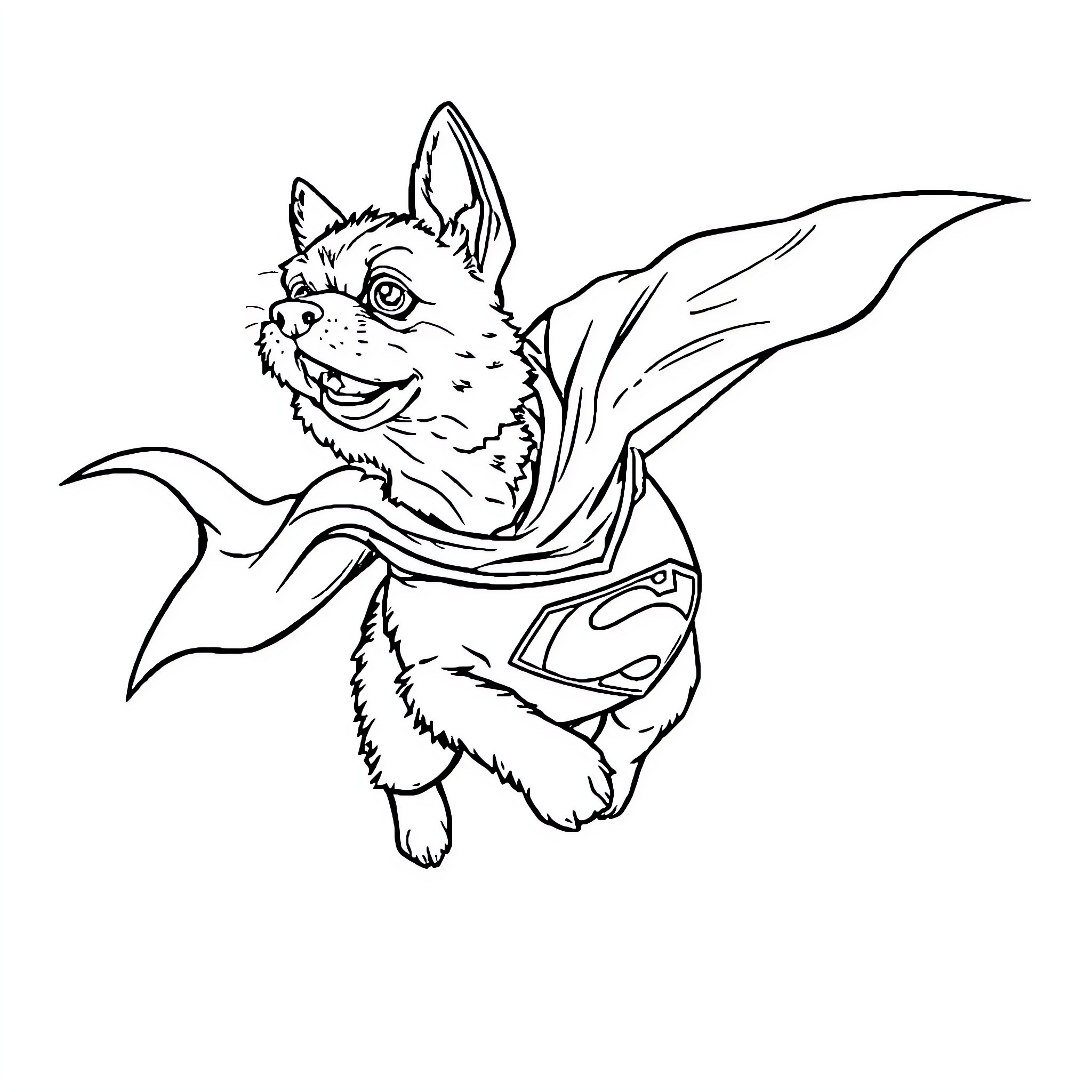 Perro flying happily in a cape Coloring Page (free black-and-white line drawing printable PDF for all, from beginners to advanced learners, including children, teens, adults, and seniors)