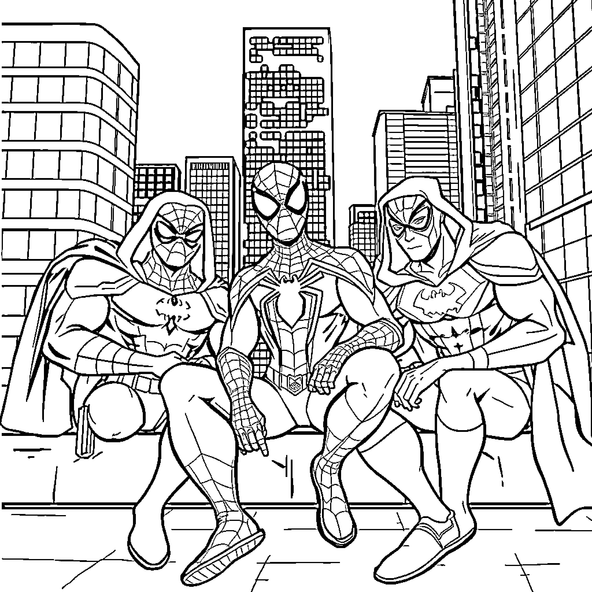 Spider Heroes Saving the City Coloring Page (free black-and-white line drawing printable PDF for all, from beginners to advanced learners, including children, teens, adults, and seniors)