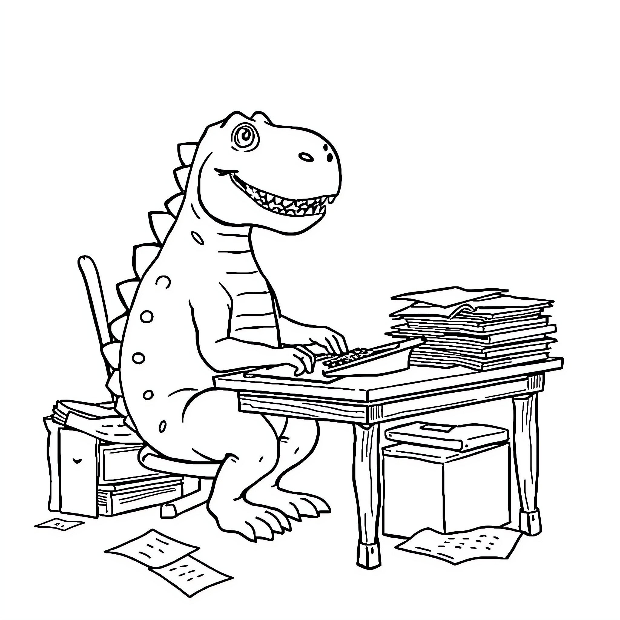 Dinosaur typing enthusiastically at the desk Coloring Page (free black-and-white line drawing printable PDF for all, from beginners to advanced learners, including children, teens, adults, and seniors)