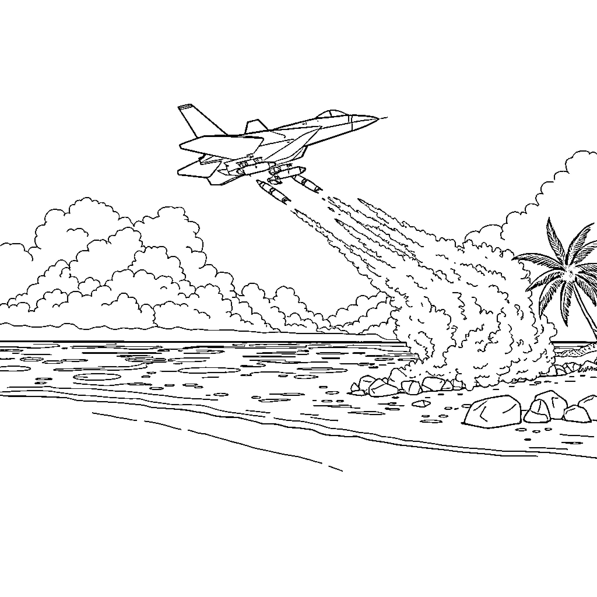 F22 aircraft firing missiles over tropical beach Coloring Page (free black-and-white line drawing printable PDF for all, from beginners to advanced learners, including children, teens, adults, and seniors)