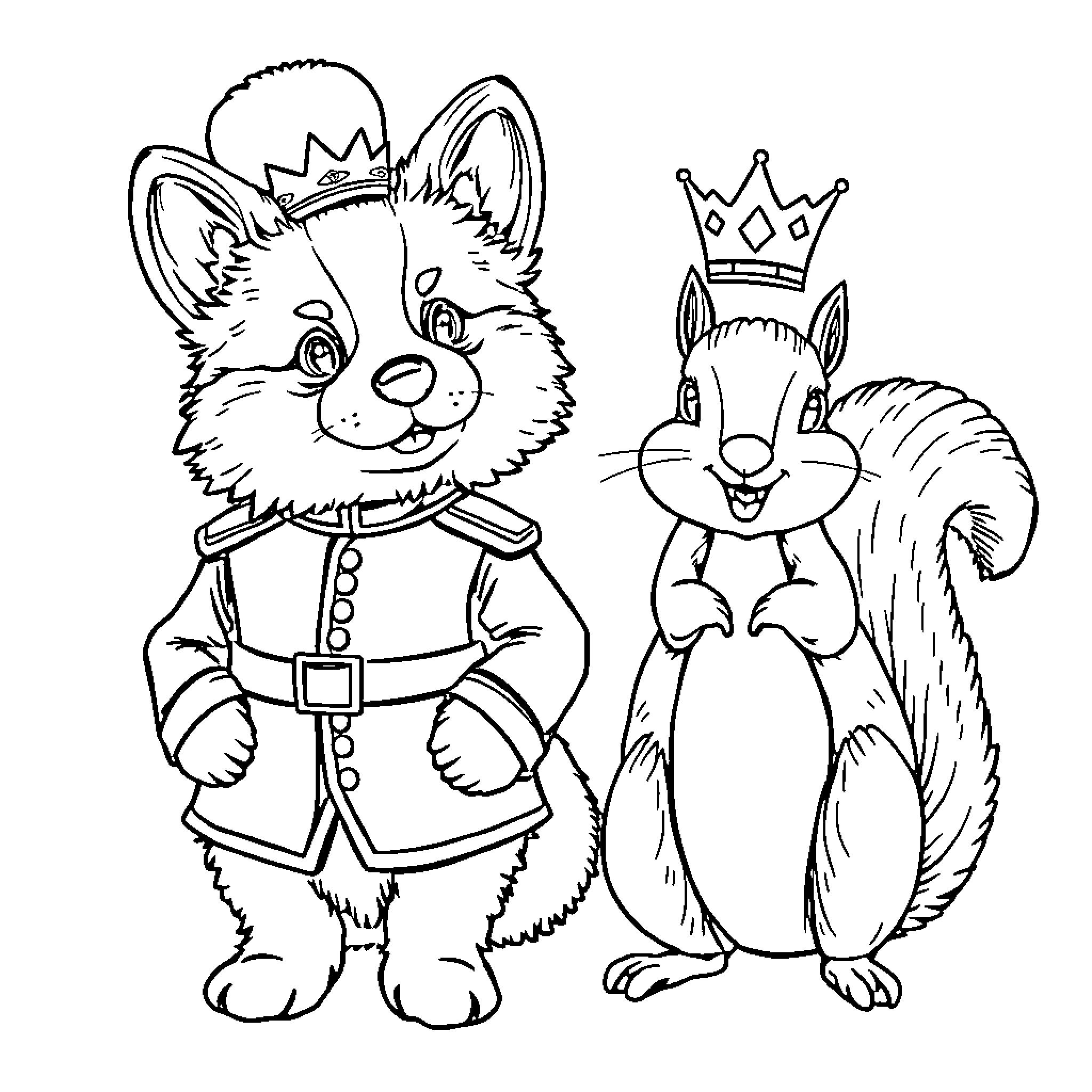 Corgi and squirrel in royal attire Coloring Page (free black-and-white line drawing printable PDF for all, from beginners to advanced learners, including children, teens, adults, and seniors)