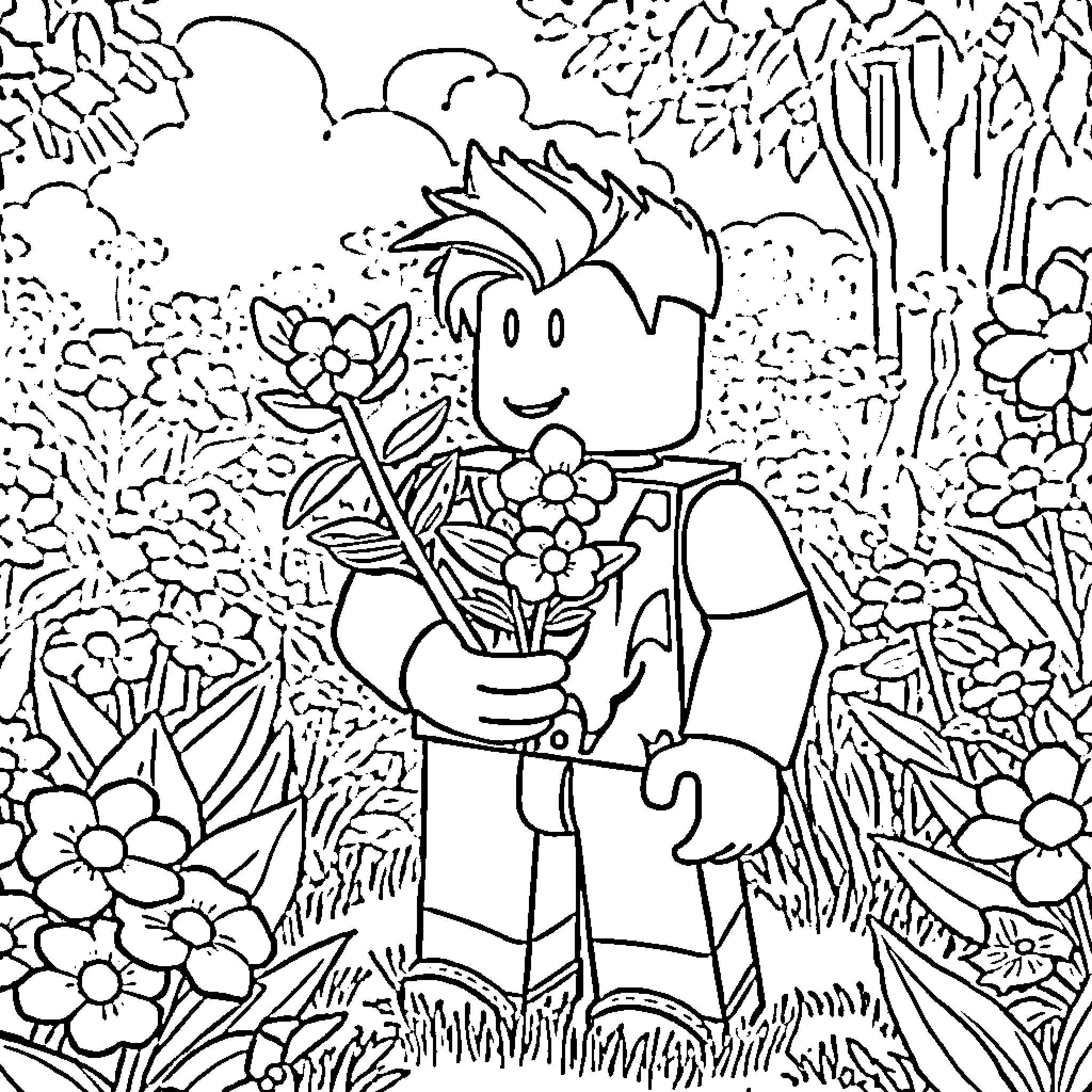 Bone Blossom's Floral Delight Coloring Page (free black-and-white line drawing printable PDF for all, from beginners to advanced learners, including children, teens, adults, and seniors)