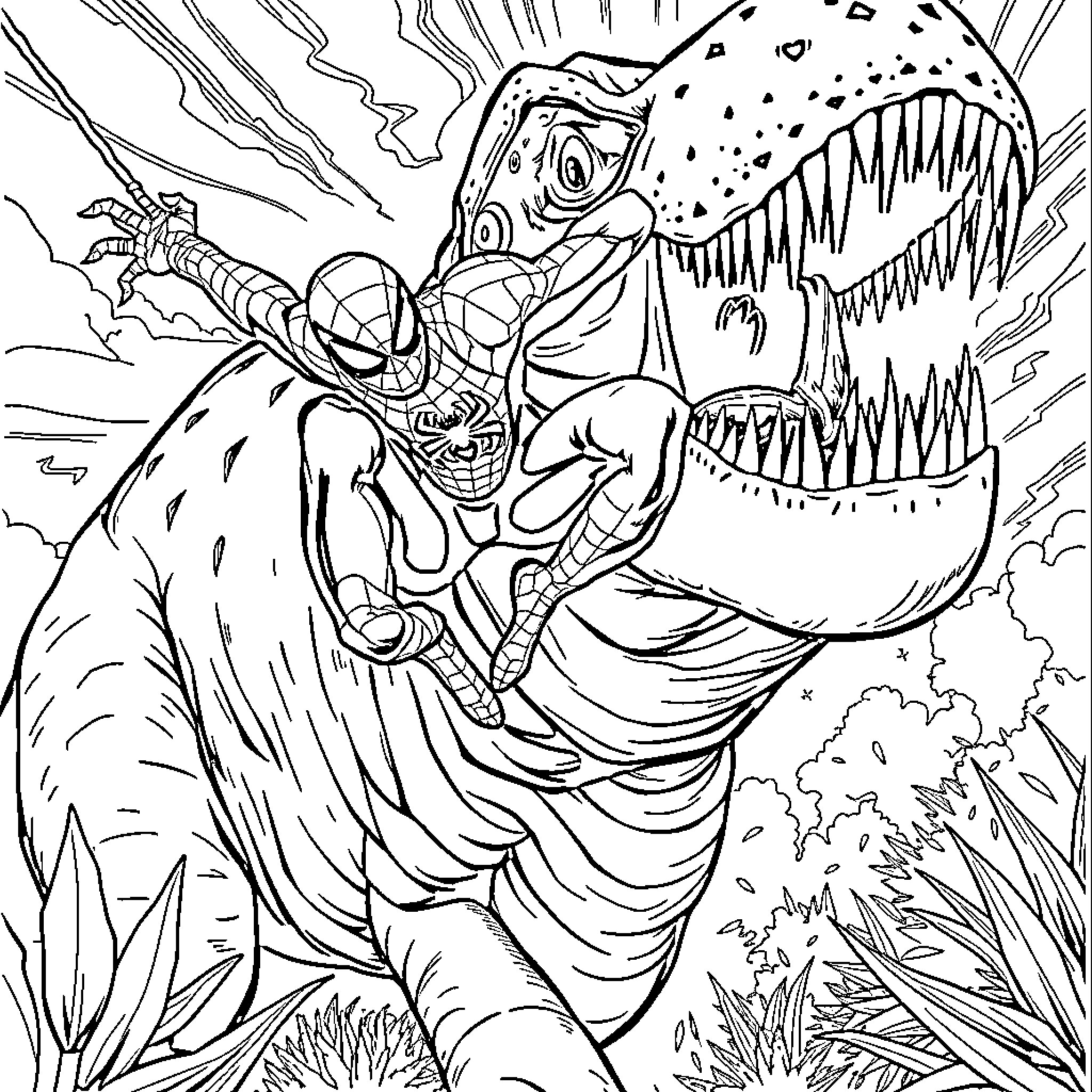Spiderman battles a fearsome dinosaur Coloring Page (free black-and-white line drawing printable PDF for all, from beginners to advanced learners, including children, teens, adults, and seniors)