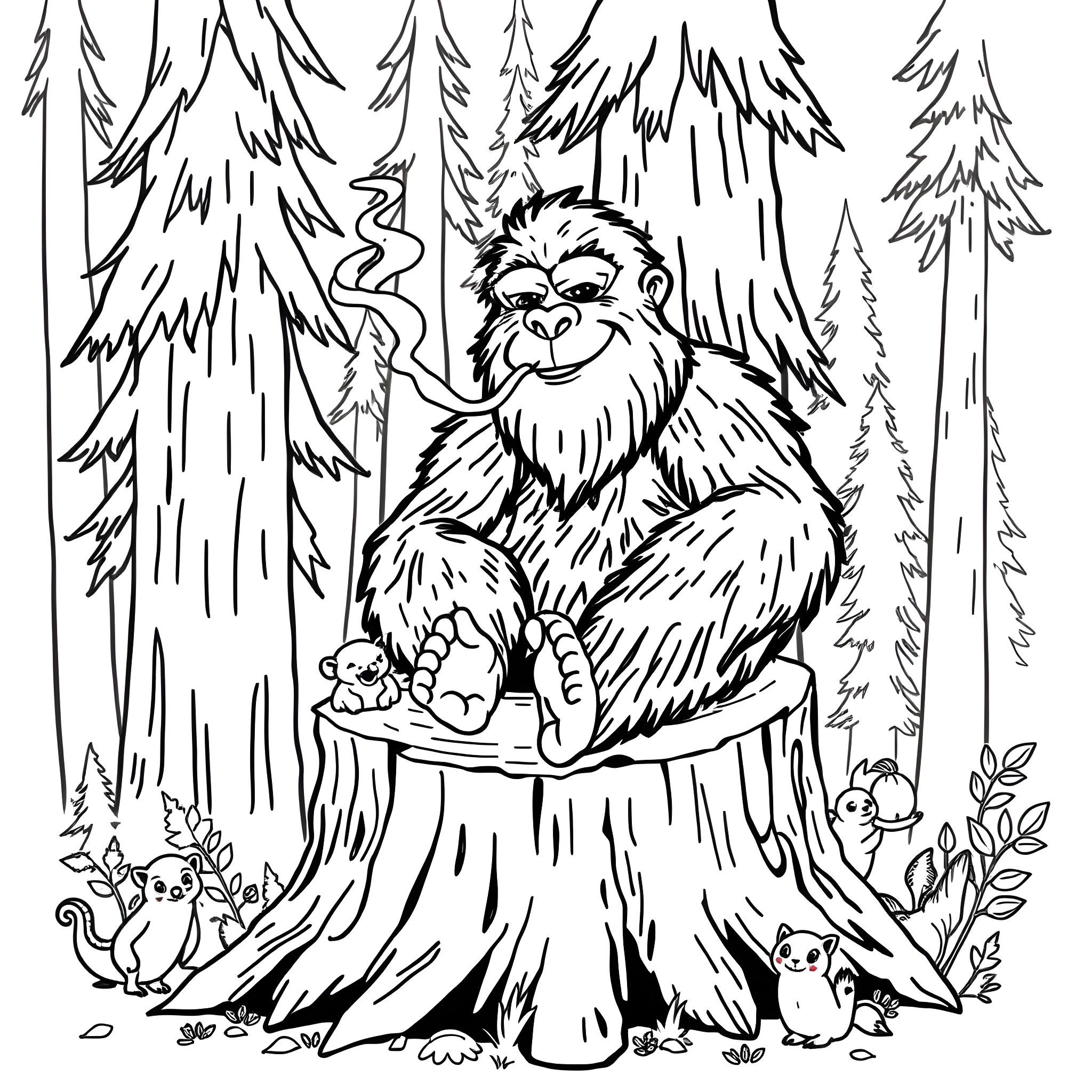 Sasquatch relaxing in the forest with woodland creatures Coloring Page (free black-and-white line drawing printable PDF for all, from beginners to advanced learners, including children, teens, adults, and seniors)
