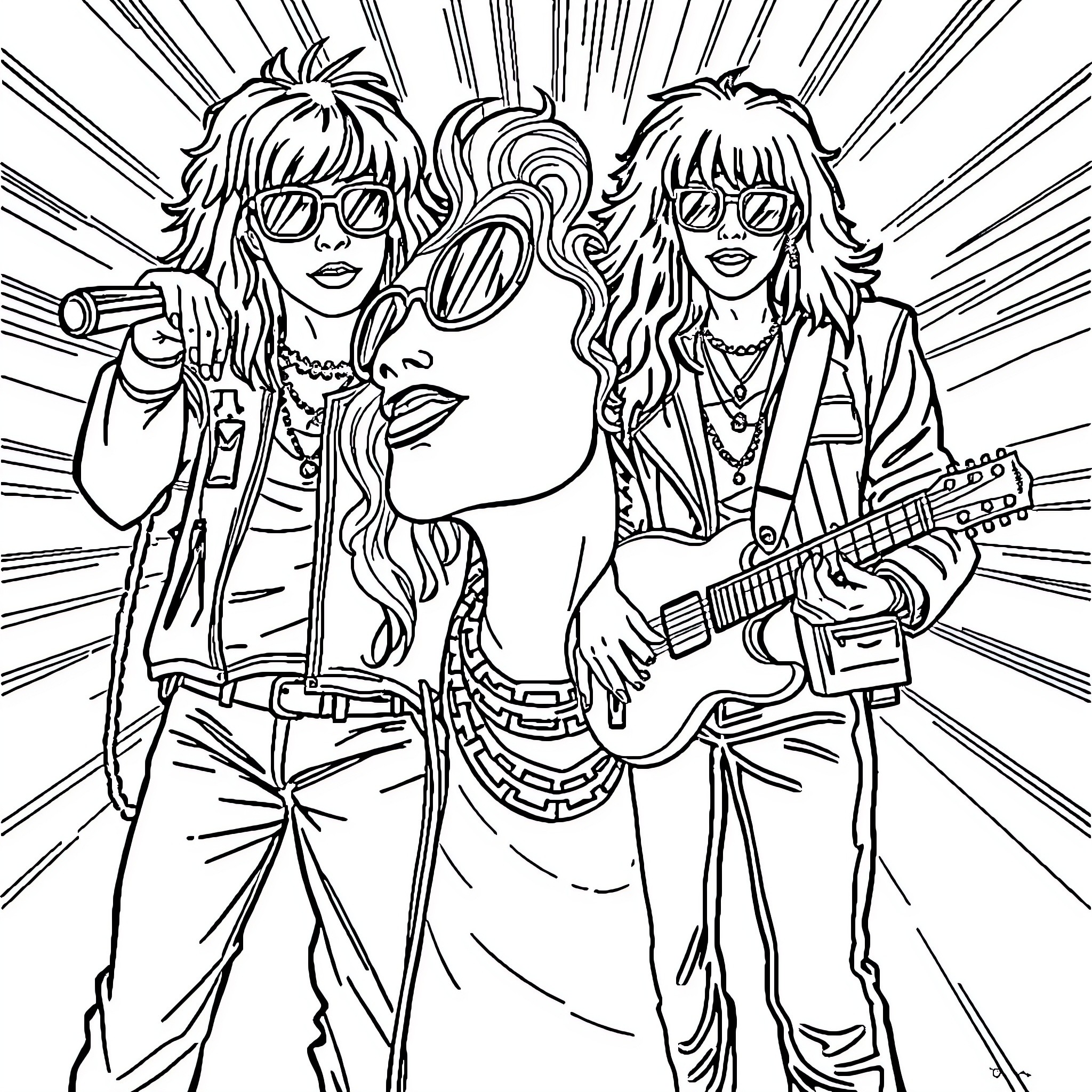80s Punk Rock Girls Rocking Out on Stage Coloring Page (free black-and-white line drawing printable PDF for all, from beginners to advanced learners, including children, teens, adults, and seniors)