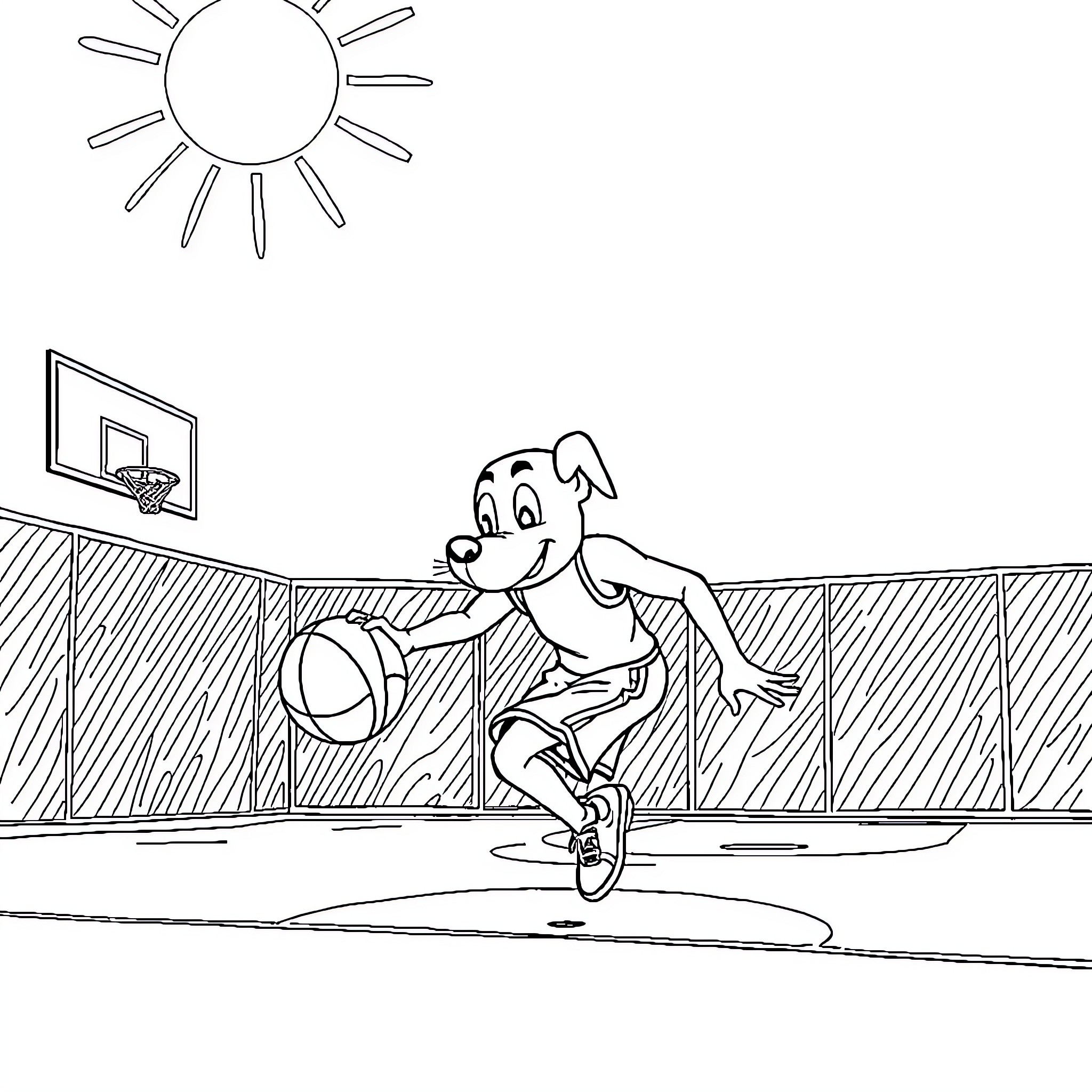 Pita playing basketball on the court Coloring Page (free black-and-white line drawing printable PDF for all, from beginners to advanced learners, including children, teens, adults, and seniors)