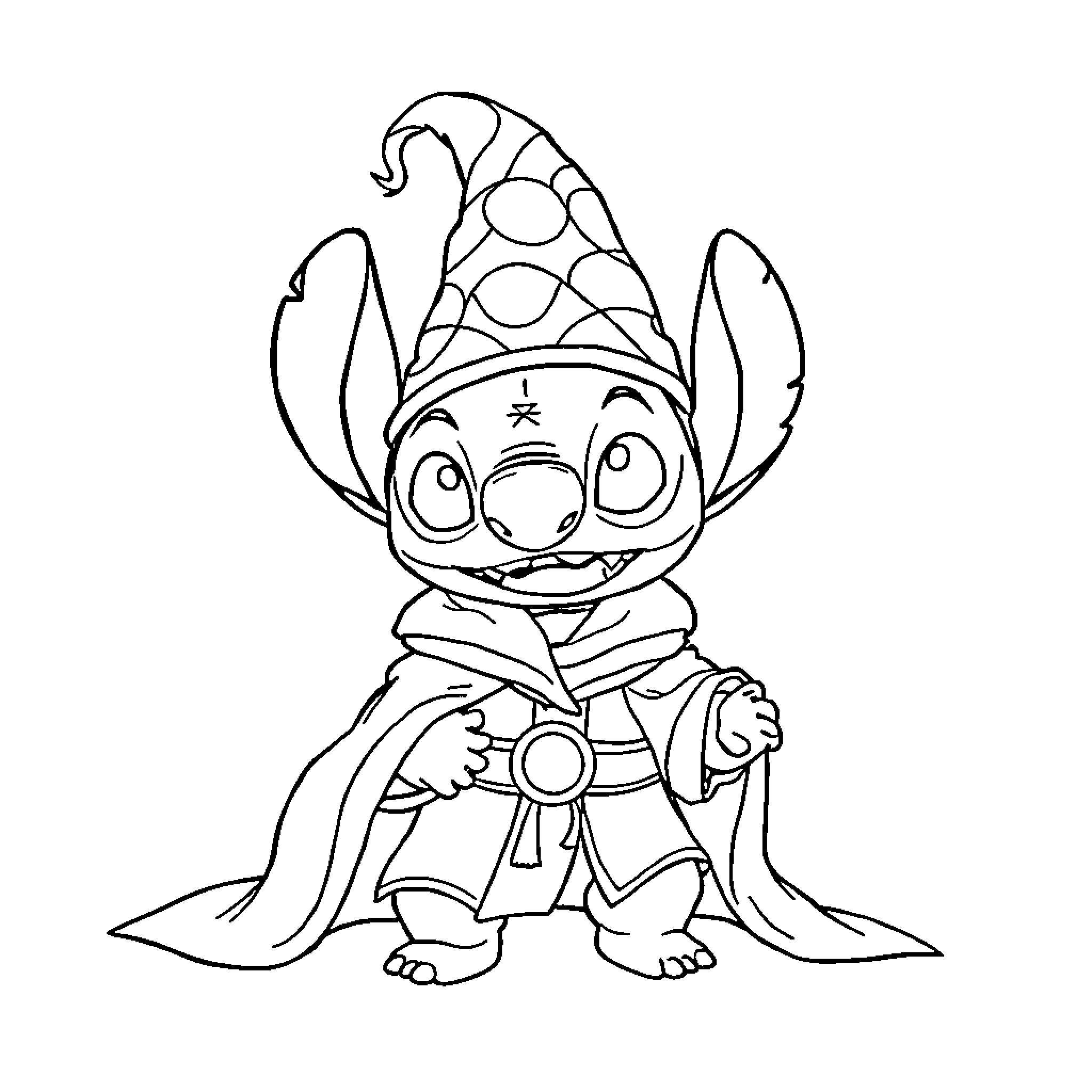 Stitch in whimsical wizard outfit Coloring Page (free black-and-white line drawing printable PDF for all, from beginners to advanced learners, including children, teens, adults, and seniors)