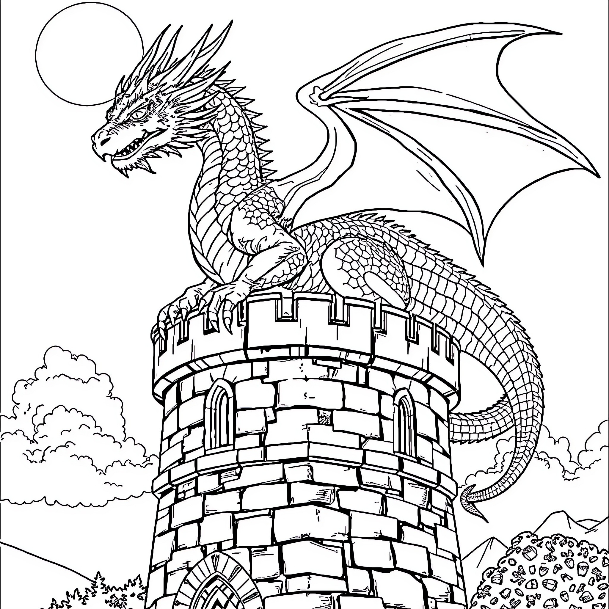 Dragon resting atop a medieval castle Coloring Page (free black-and-white line drawing printable PDF for all, from beginners to advanced learners, including children, teens, adults, and seniors)