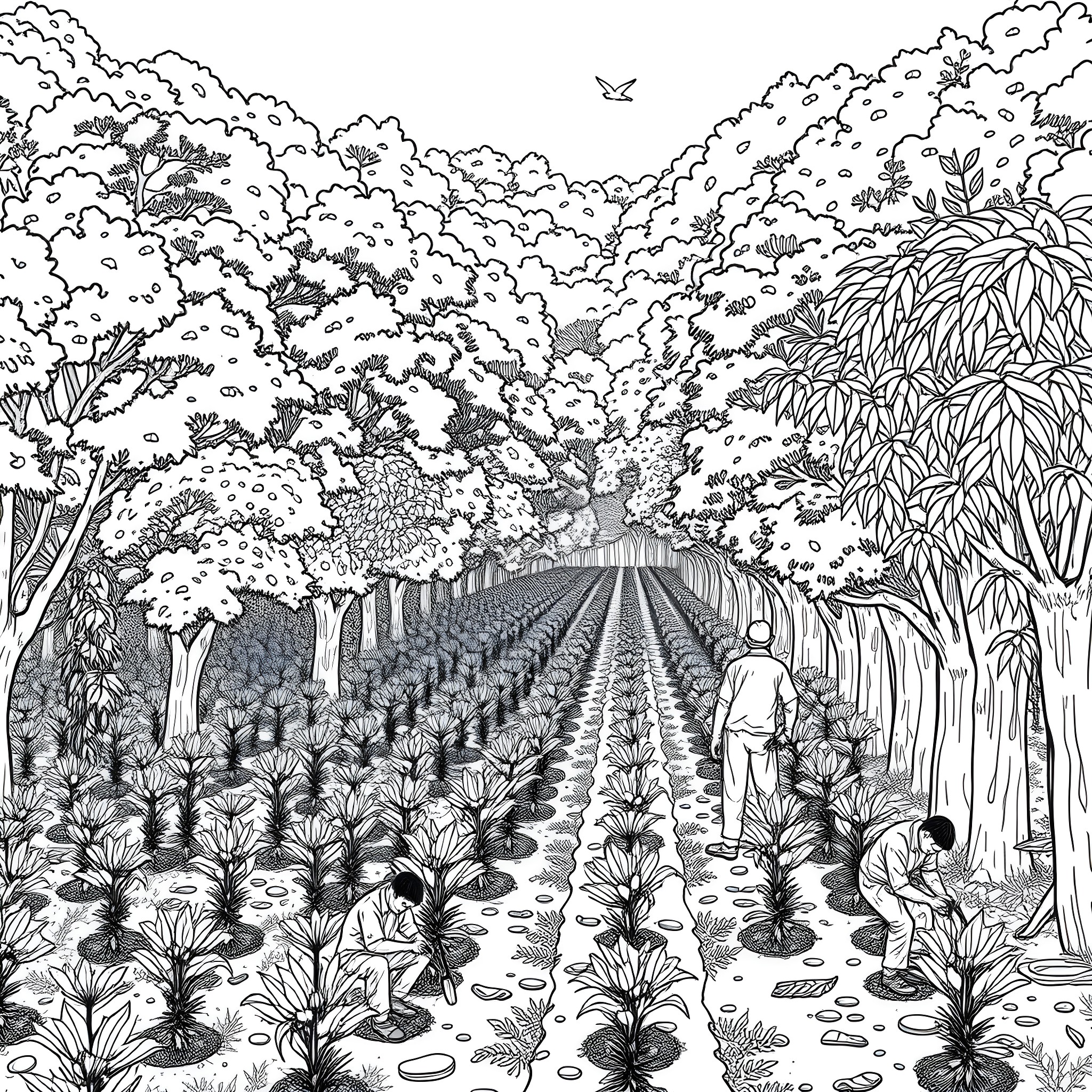 Forest scene with a person walking on a path Coloring Page (free black-and-white line drawing printable PDF for all, from beginners to advanced learners, including children, teens, adults, and seniors)