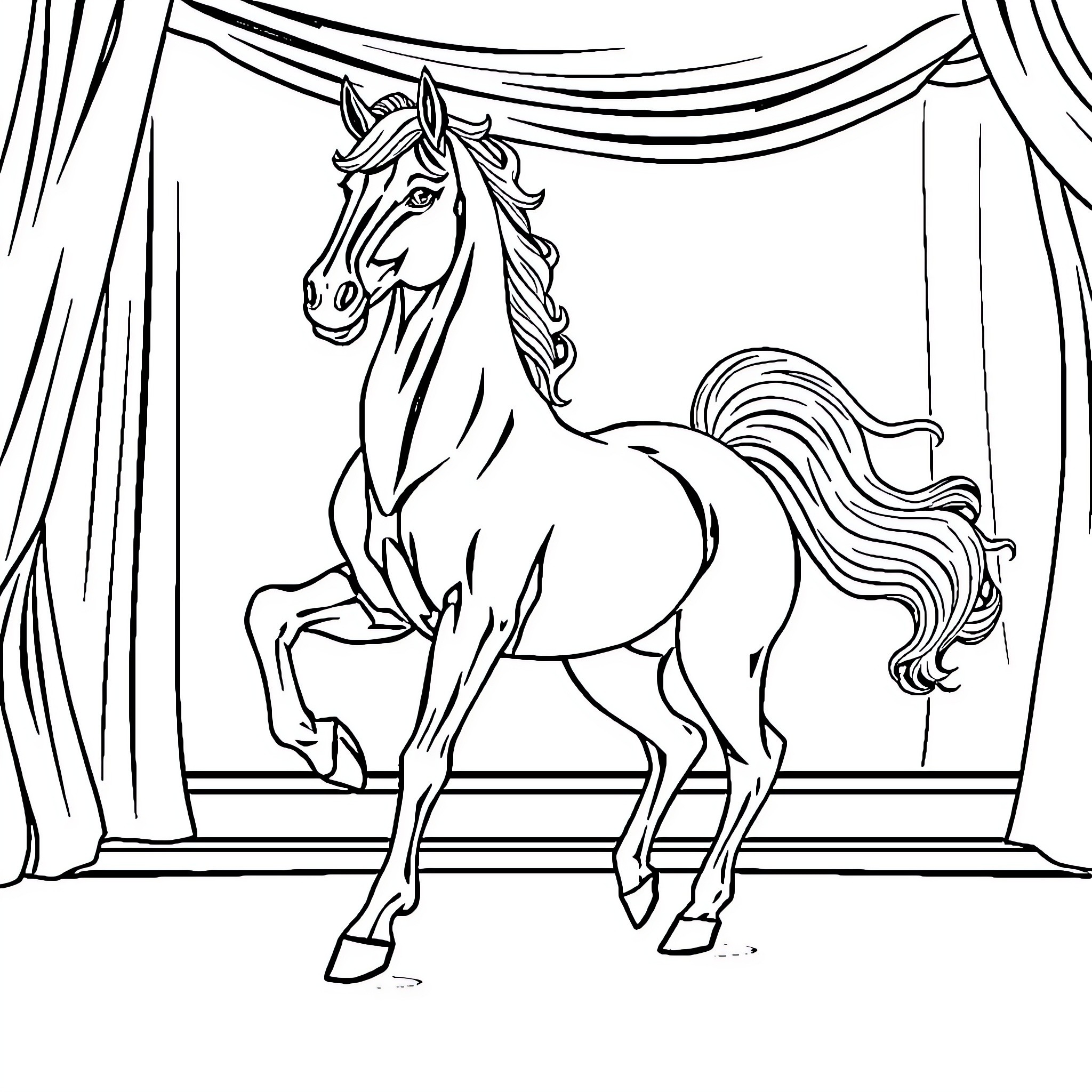 Horse performing on stage Coloring Page (free black-and-white line drawing printable PDF for all, from beginners to advanced learners, including children, teens, adults, and seniors)