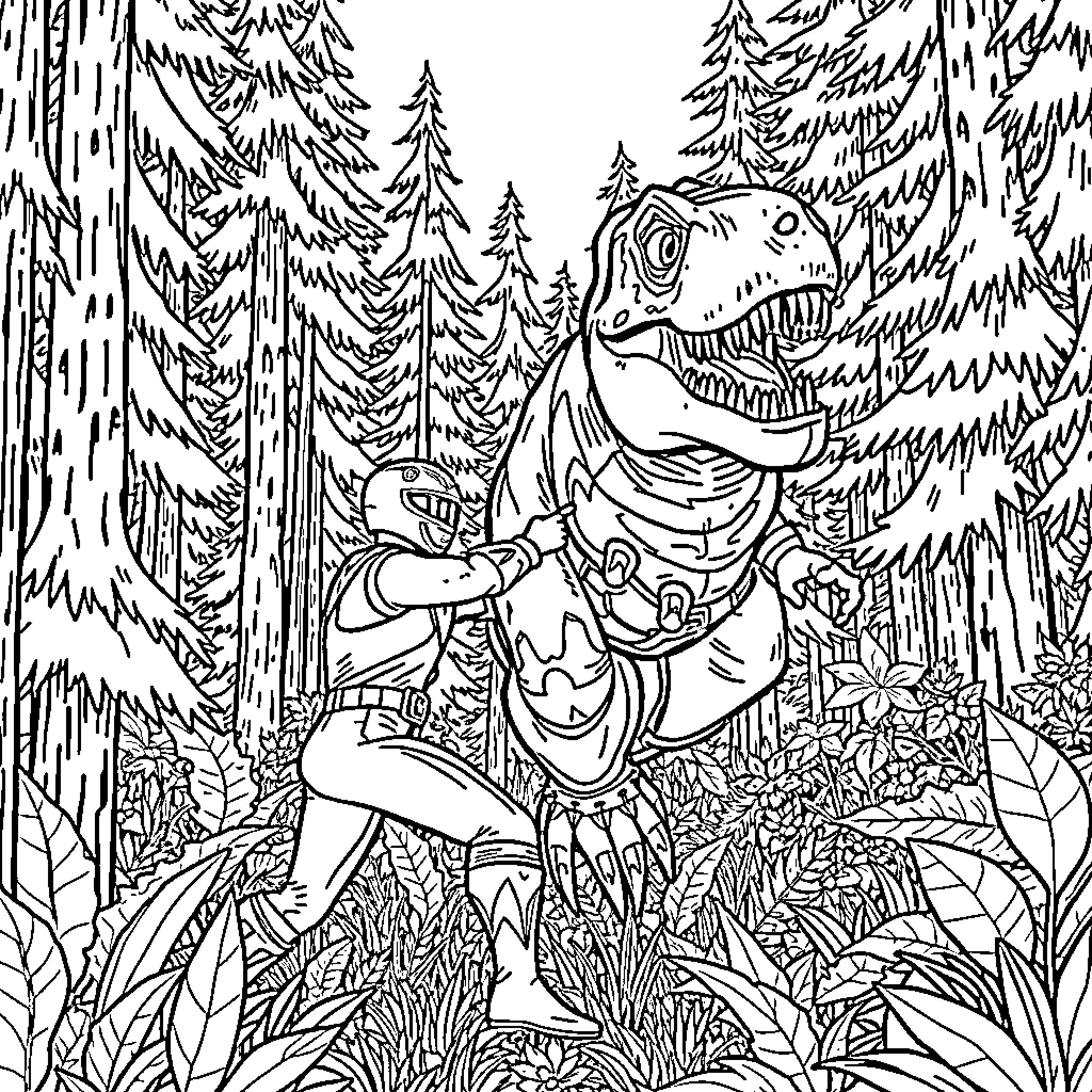 Power Ranger Dinosaur in the Enchanted Forest Coloring Page (free black-and-white line drawing printable PDF for all, from beginners to advanced learners, including children, teens, adults, and seniors)