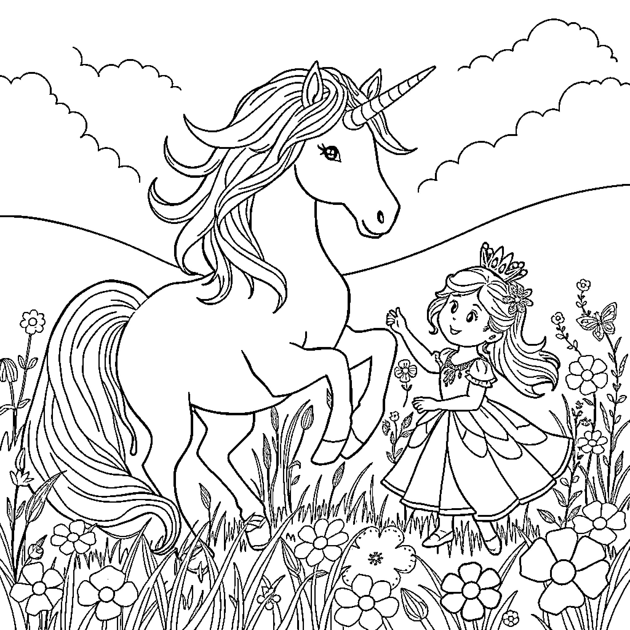 Unicorn and princess in enchanted meadow Coloring Page (free black-and-white line drawing printable PDF for all, from beginners to advanced learners, including children, teens, adults, and seniors)