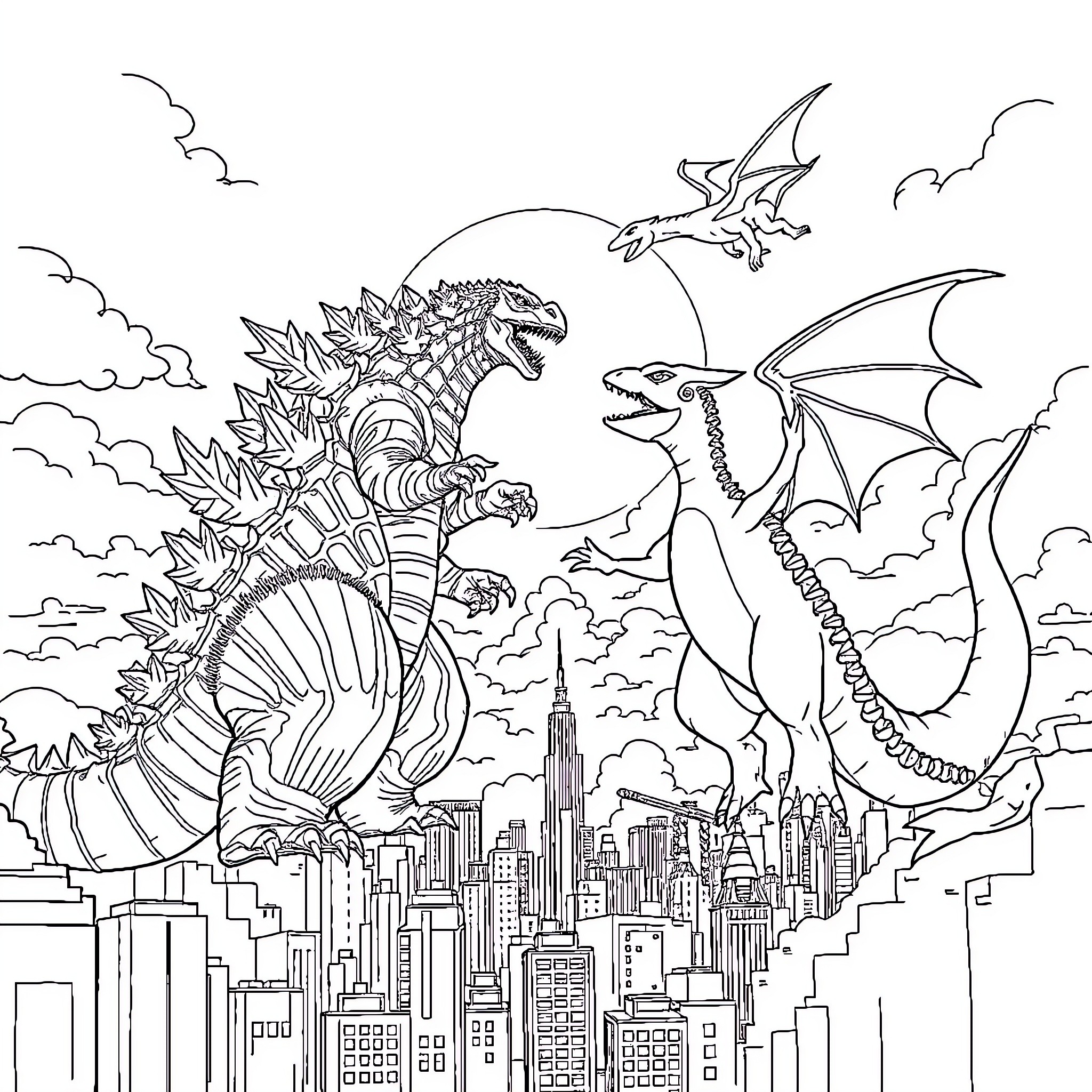 Godzilla and Dragons Battling Over the City Coloring Page (free black-and-white line drawing printable PDF for all, from beginners to advanced learners, including children, teens, adults, and seniors)