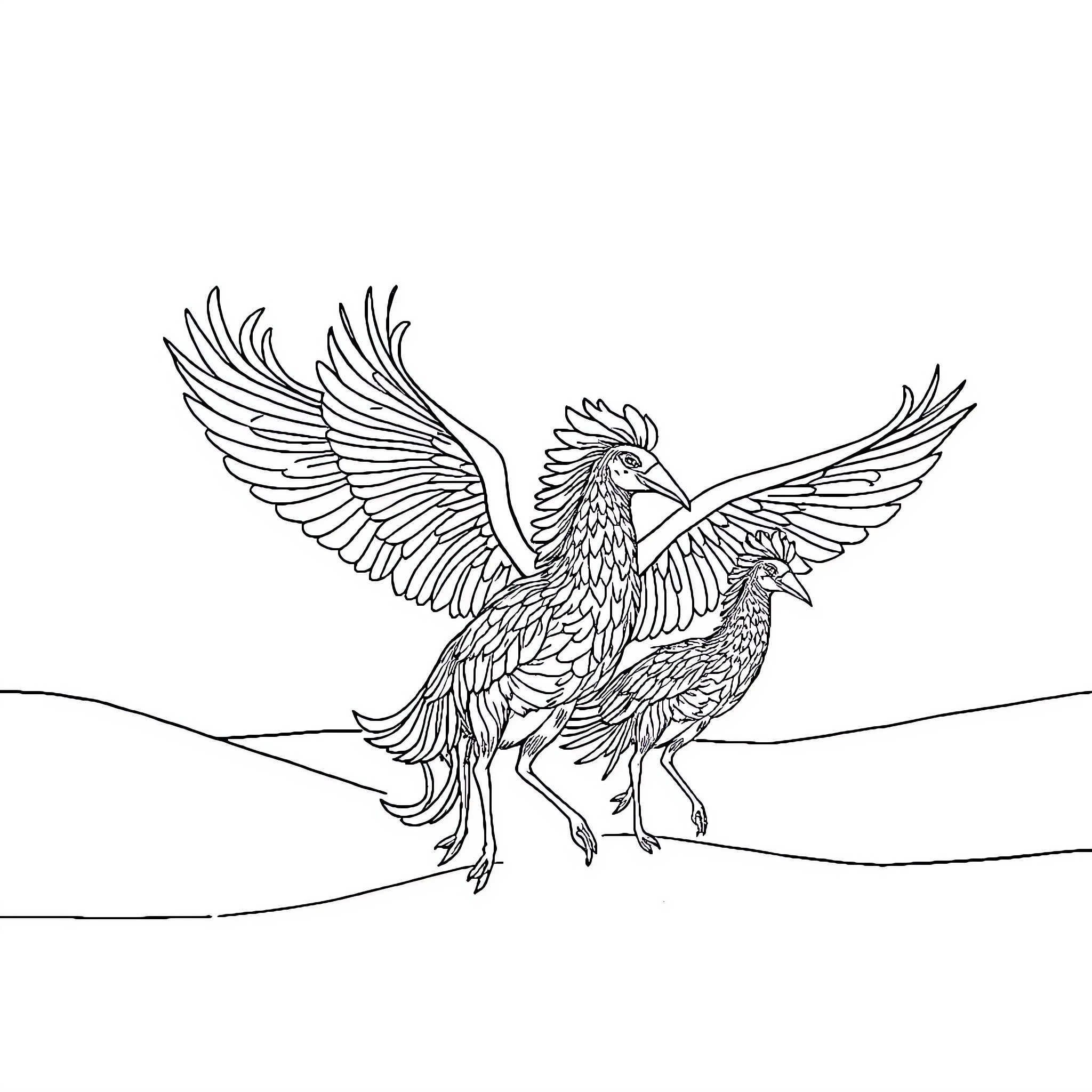 Parrot birds spreading their wings on wire Coloring Page (free black-and-white line drawing printable PDF for all, from beginners to advanced learners, including children, teens, adults, and seniors)