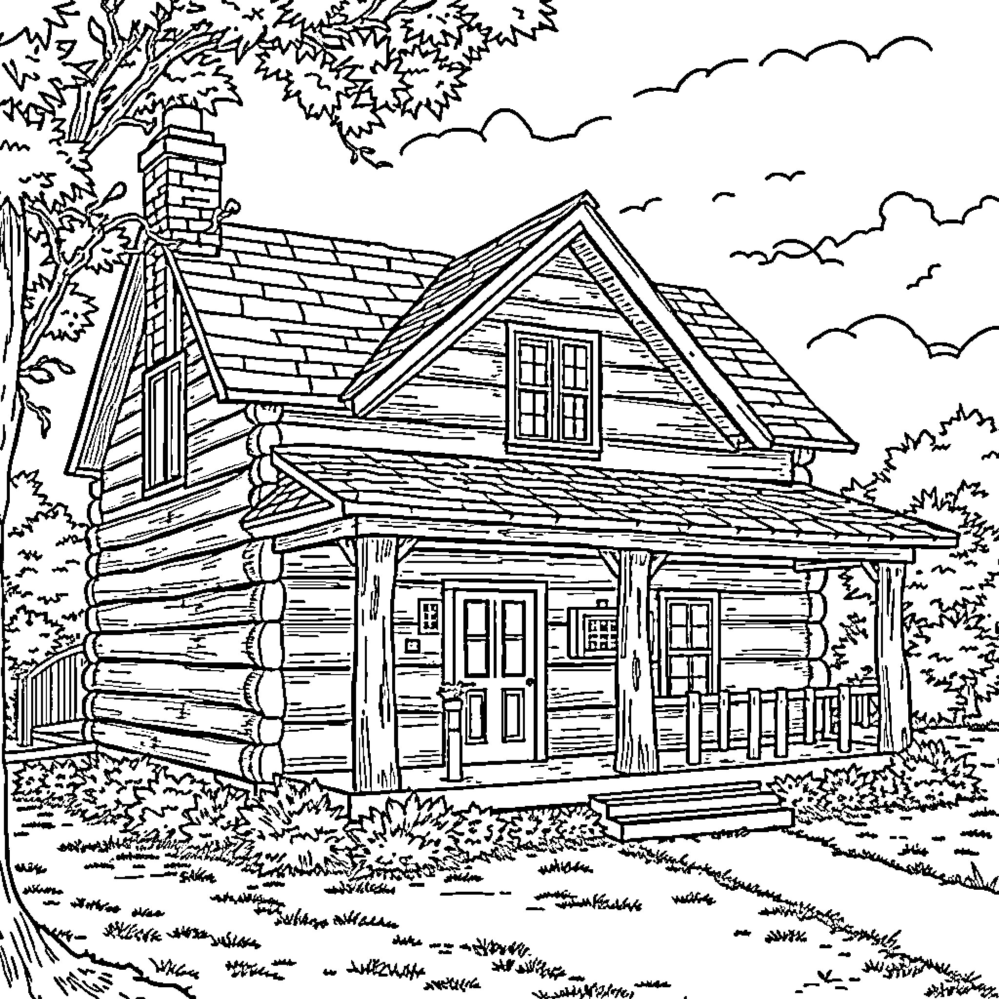 Farmhouse with rustic charm in natural setting Coloring Page (free black-and-white line drawing printable PDF for all, from beginners to advanced learners, including children, teens, adults, and seniors)