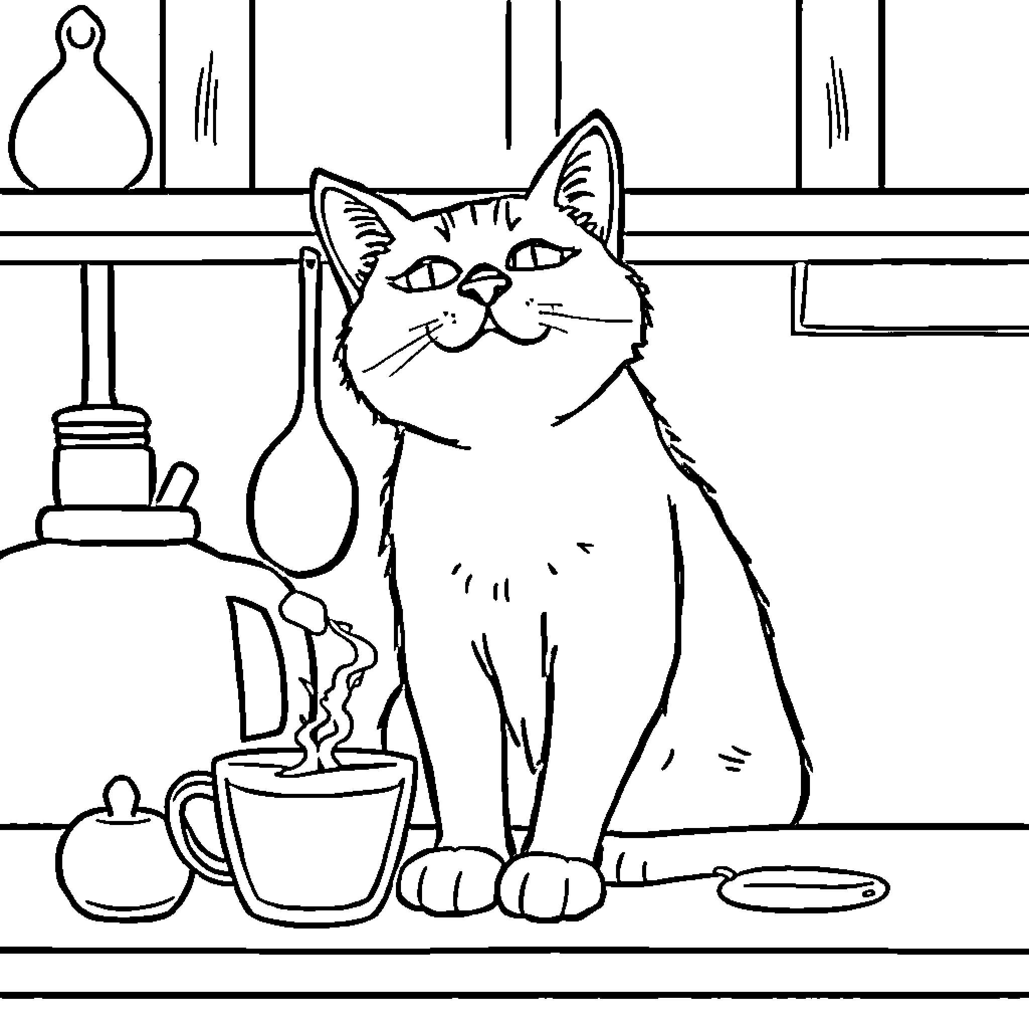 Cat enjoying a cup of tea in the kitchen Coloring Page (free black-and-white line drawing printable PDF for all, from beginners to advanced learners, including children, teens, adults, and seniors)