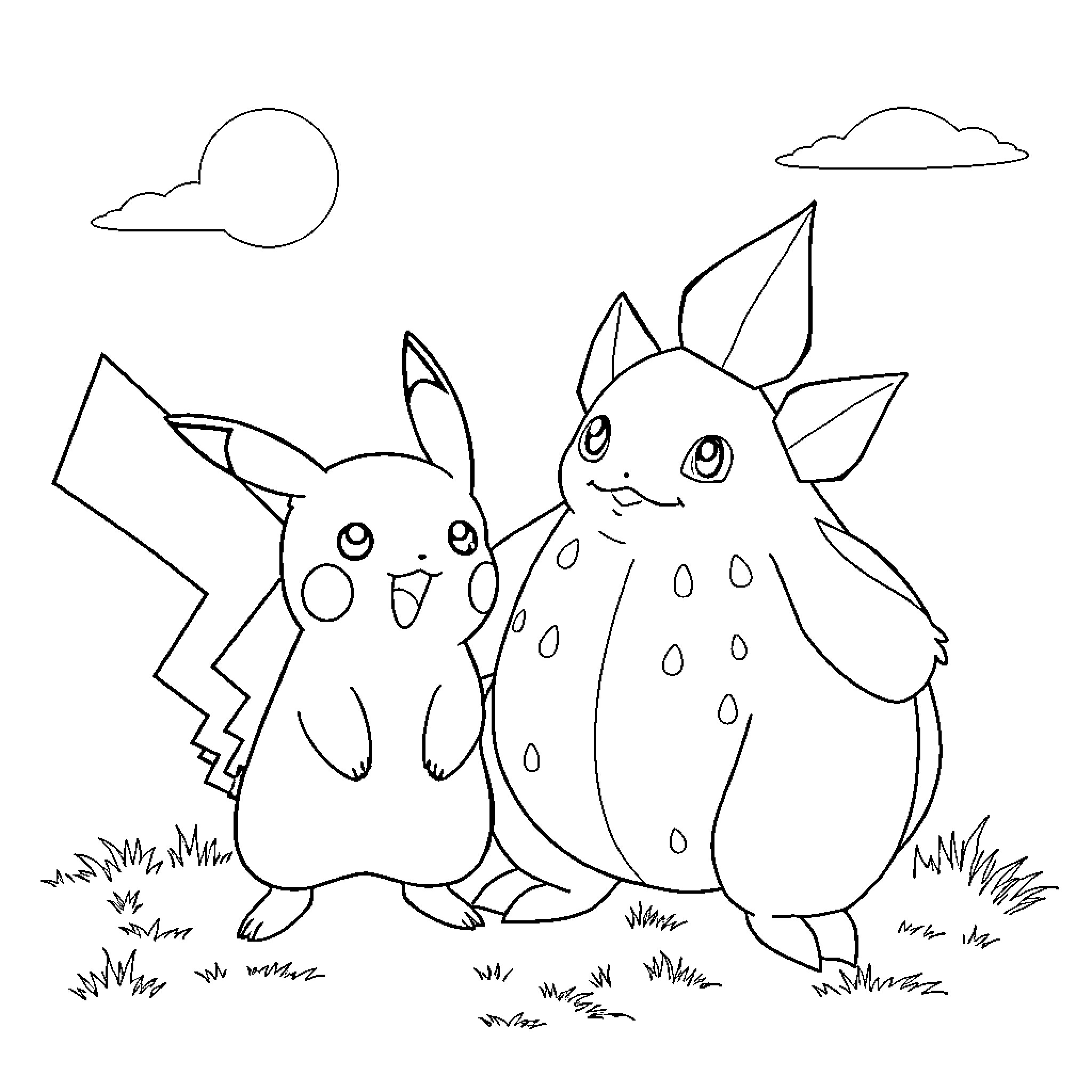 Pikachu and Spotted Pokemon Playing in Meadow Coloring Page (free black-and-white line drawing printable PDF for all, from beginners to advanced learners, including children, teens, adults, and seniors)