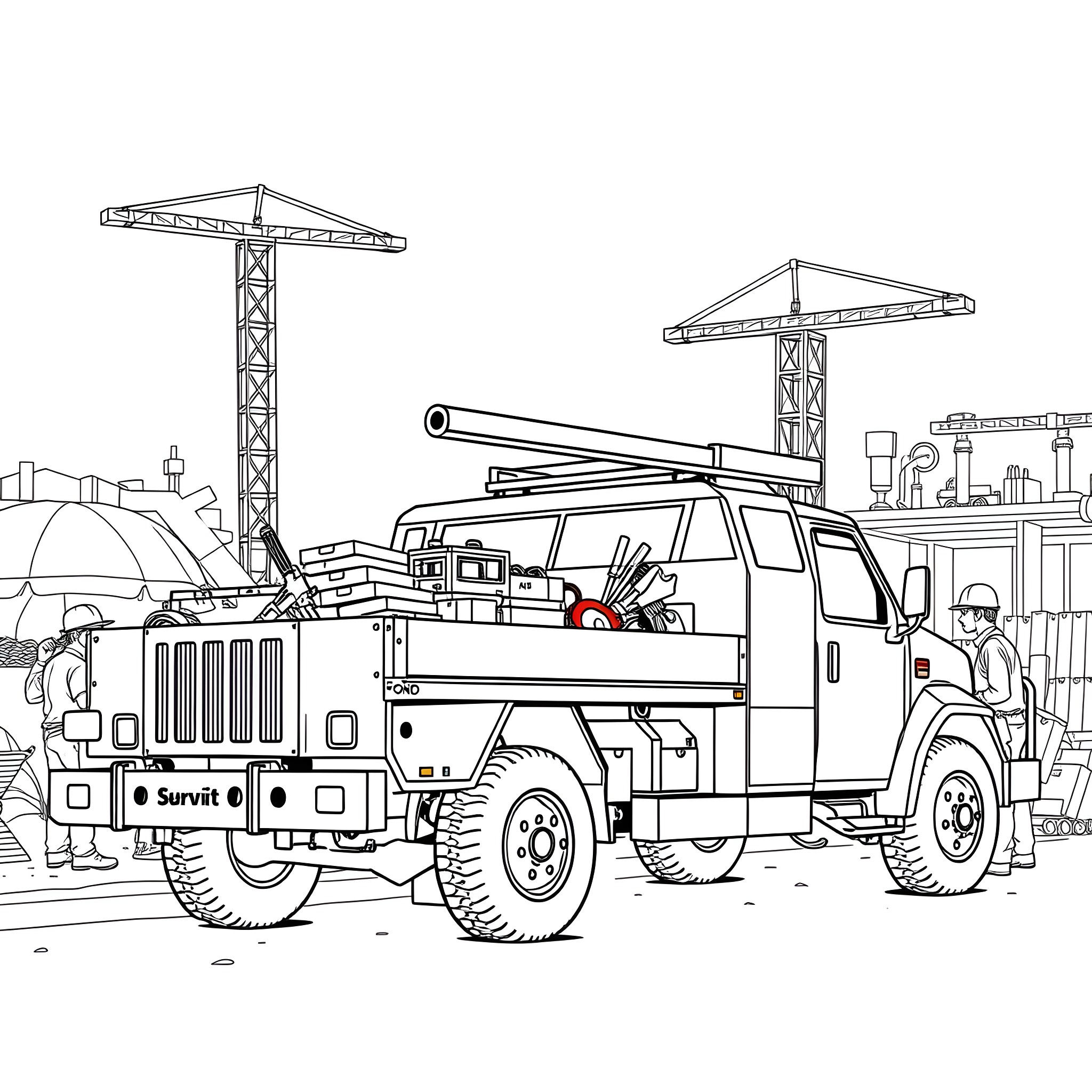 Truck with construction equipment on site Coloring Page (free black-and-white line drawing printable PDF for all, from beginners to advanced learners, including children, teens, adults, and seniors)