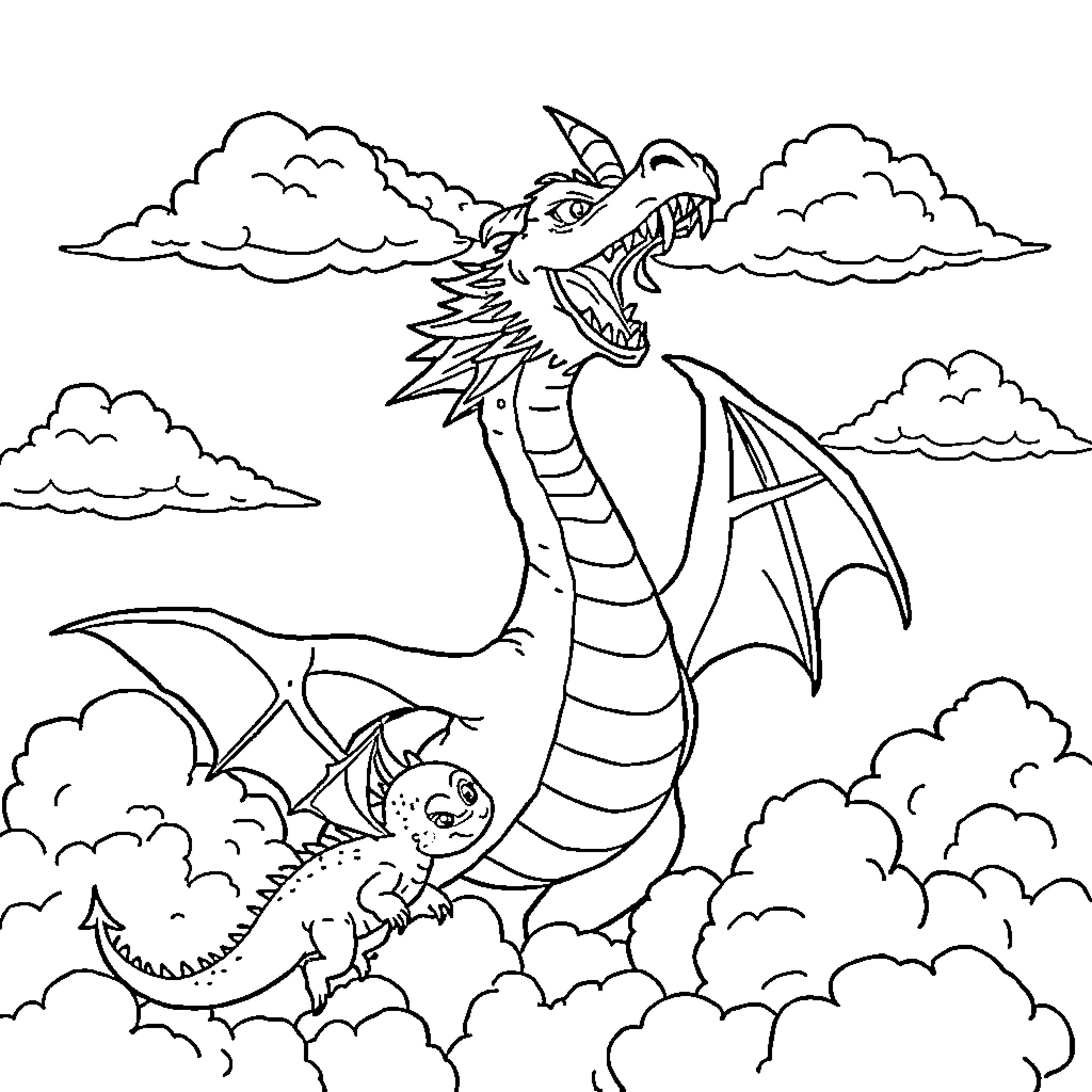Dragon soaring amidst cloudy skies Coloring Page (free black-and-white line drawing printable PDF for all, from beginners to advanced learners, including children, teens, adults, and seniors)