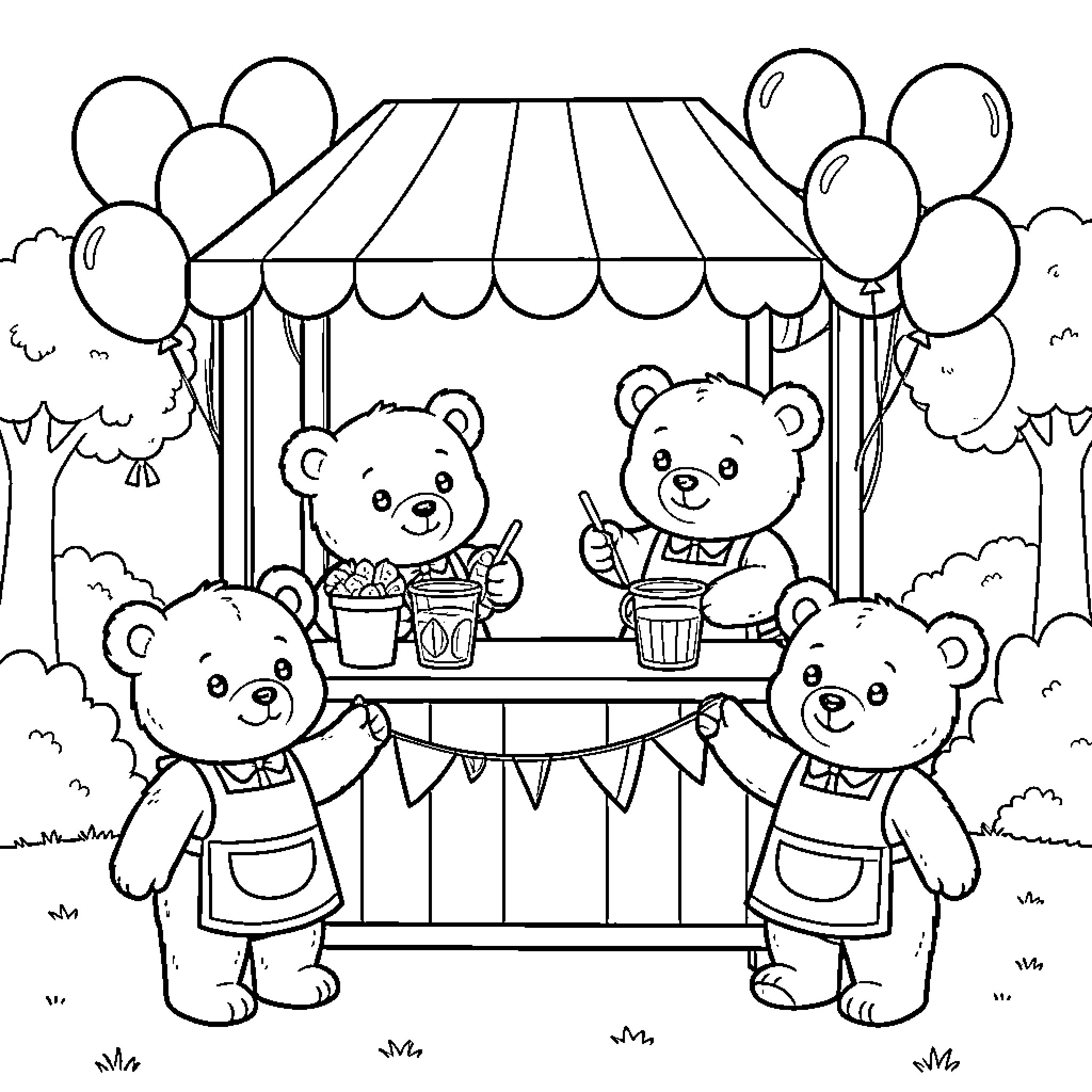 Teddy Bears Running a Carnival Snack Stand Coloring Page (free black-and-white line drawing printable PDF for all, from beginners to advanced learners, including children, teens, adults, and seniors)
