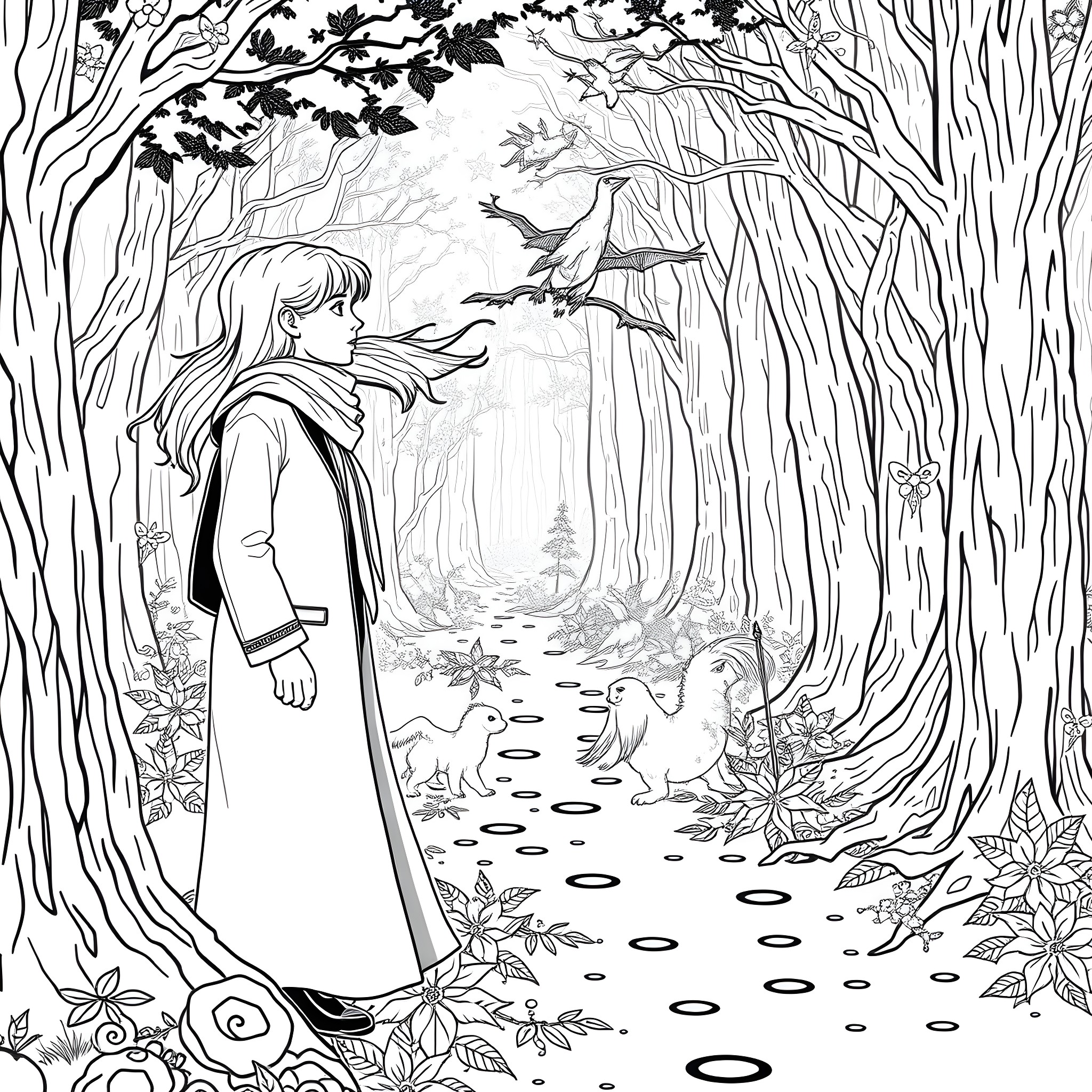 Hermione exploring the enchanted forest Coloring Page (free black-and-white line drawing printable PDF for all, from beginners to advanced learners, including children, teens, adults, and seniors)