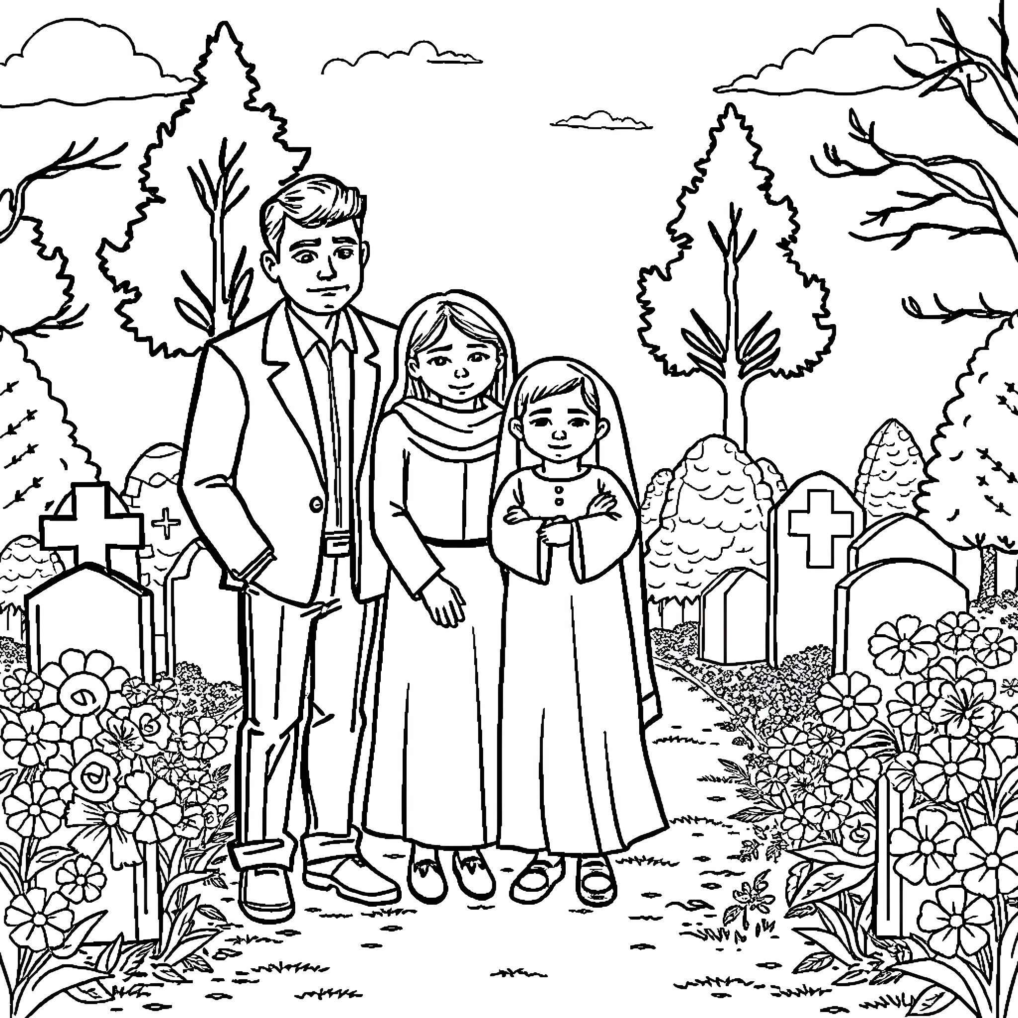 Family visiting cemetery with flowers and crosses Coloring Page (free black-and-white line drawing printable PDF for all, from beginners to advanced learners, including children, teens, adults, and seniors)