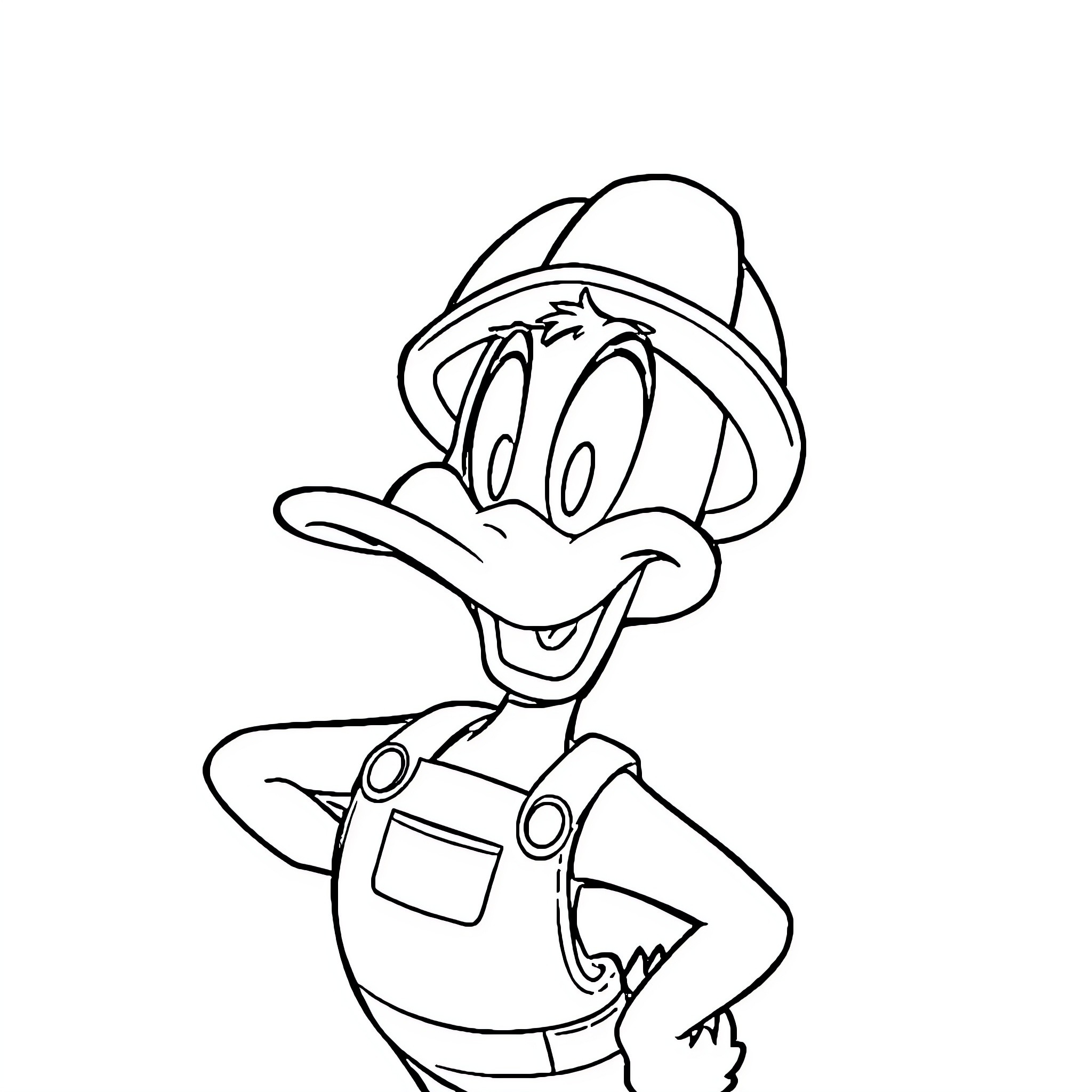 Daffy Duck in comical work outfit and pose Coloring Page (free black-and-white line drawing printable PDF for all, from beginners to advanced learners, including children, teens, adults, and seniors)