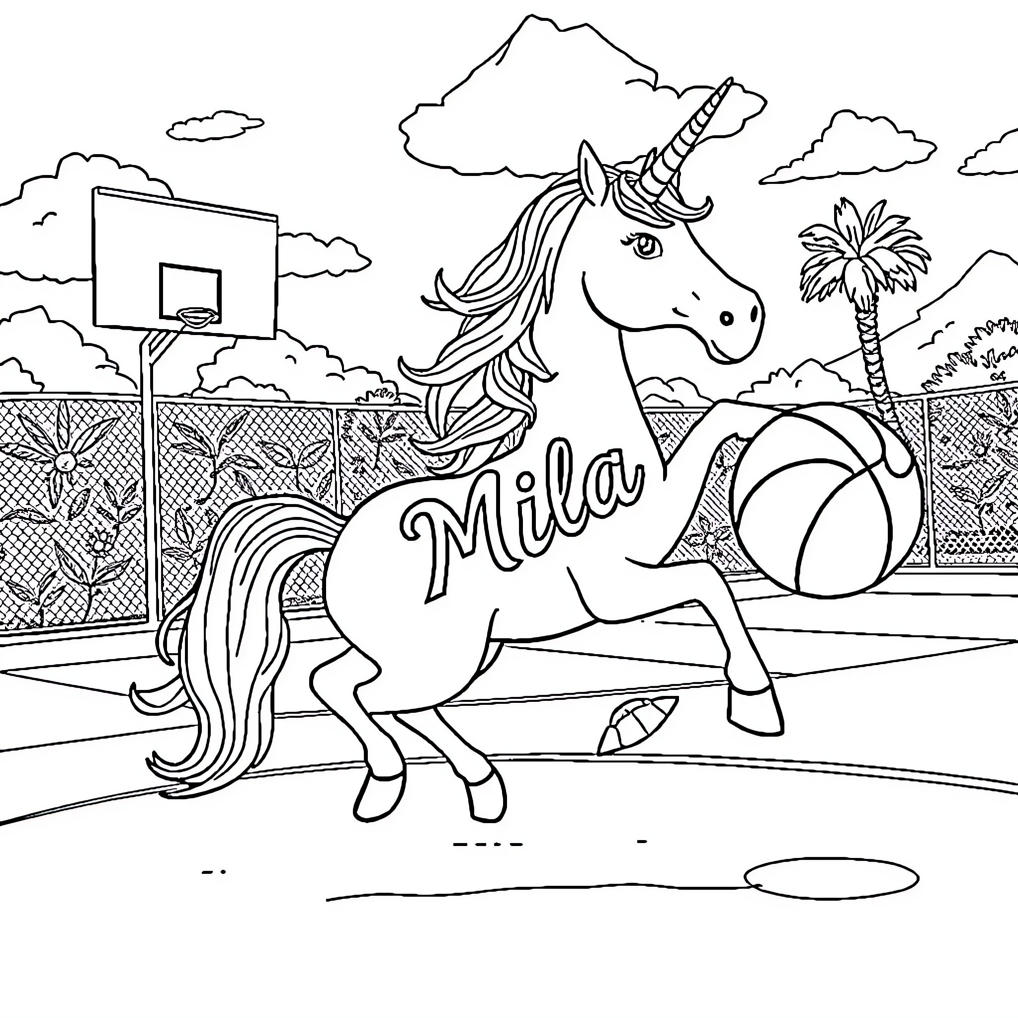 Unicorn playing basketball in a tropical setting Coloring Page (free black-and-white line drawing printable PDF for all, from beginners to advanced learners, including children, teens, adults, and seniors)