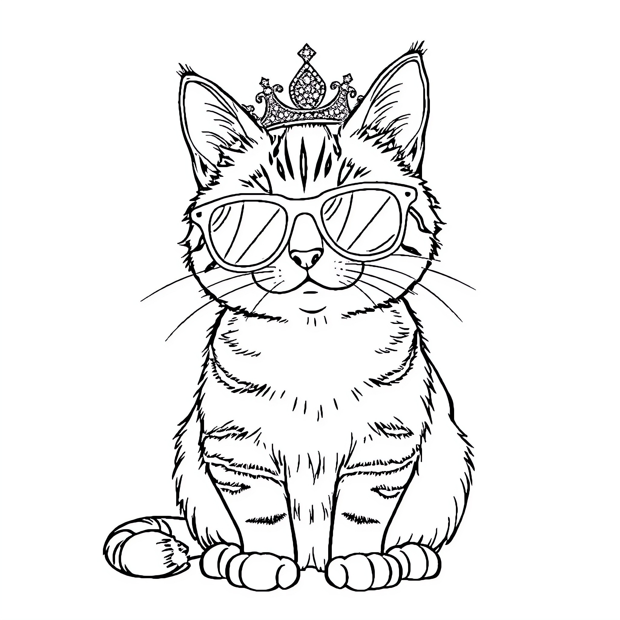 Cat with Crown and Sunglasses Coloring Page (free black-and-white line drawing printable PDF for all, from beginners to advanced learners, including children, teens, adults, and seniors)
