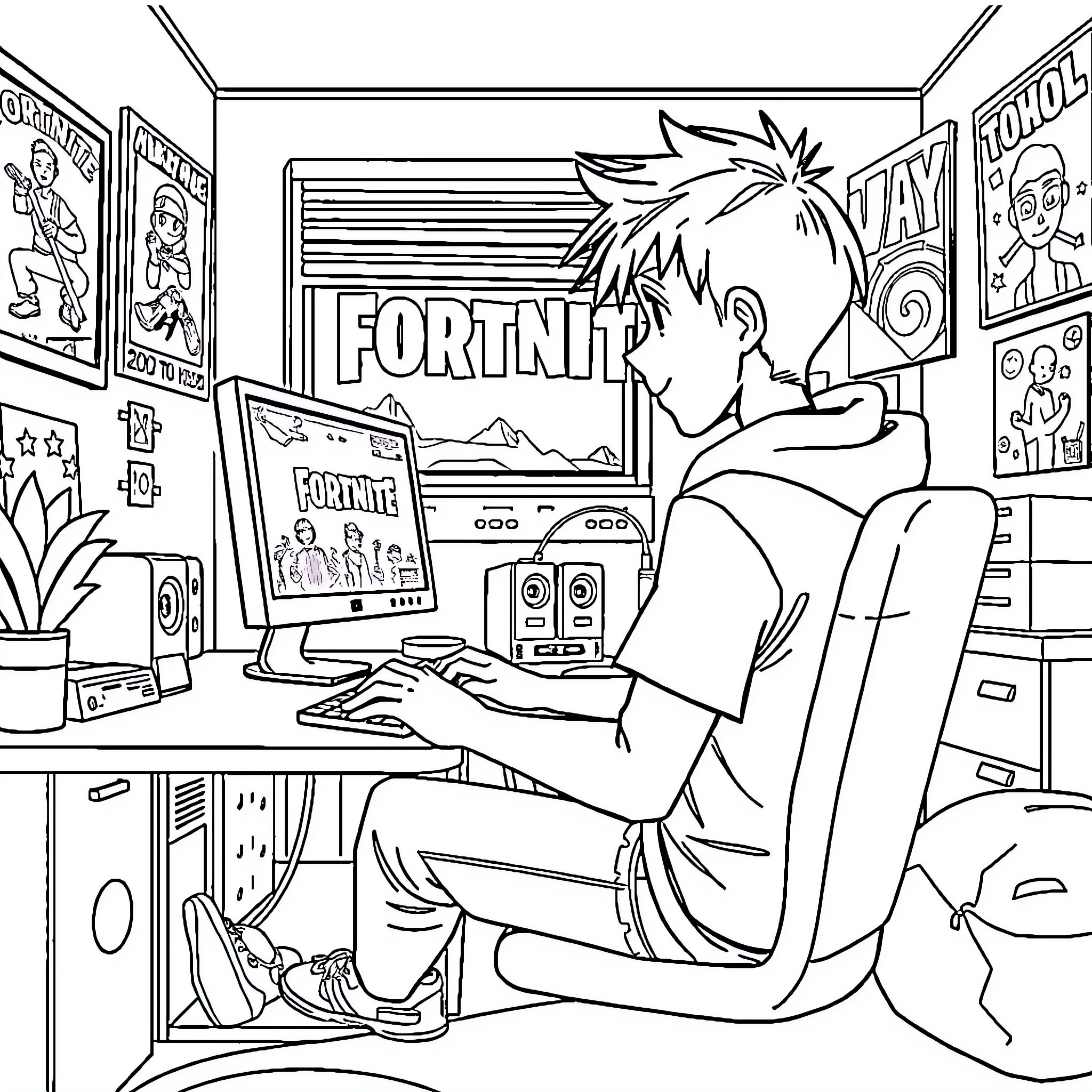 Anime Boy Playing Fortnite Video Game Coloring Page (free black-and-white line drawing printable PDF for all, from beginners to advanced learners, including children, teens, adults, and seniors)