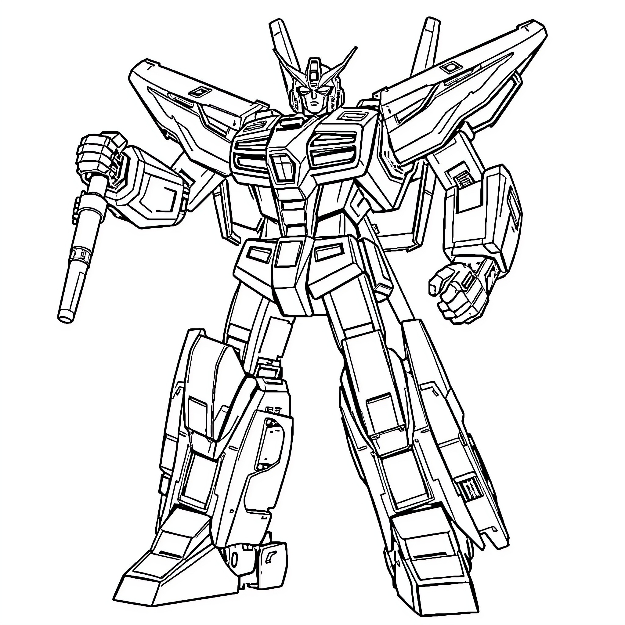 Transformer mech in combat-ready pose Coloring Page (free black-and-white line drawing printable PDF for all, from beginners to advanced learners, including children, teens, adults, and seniors)