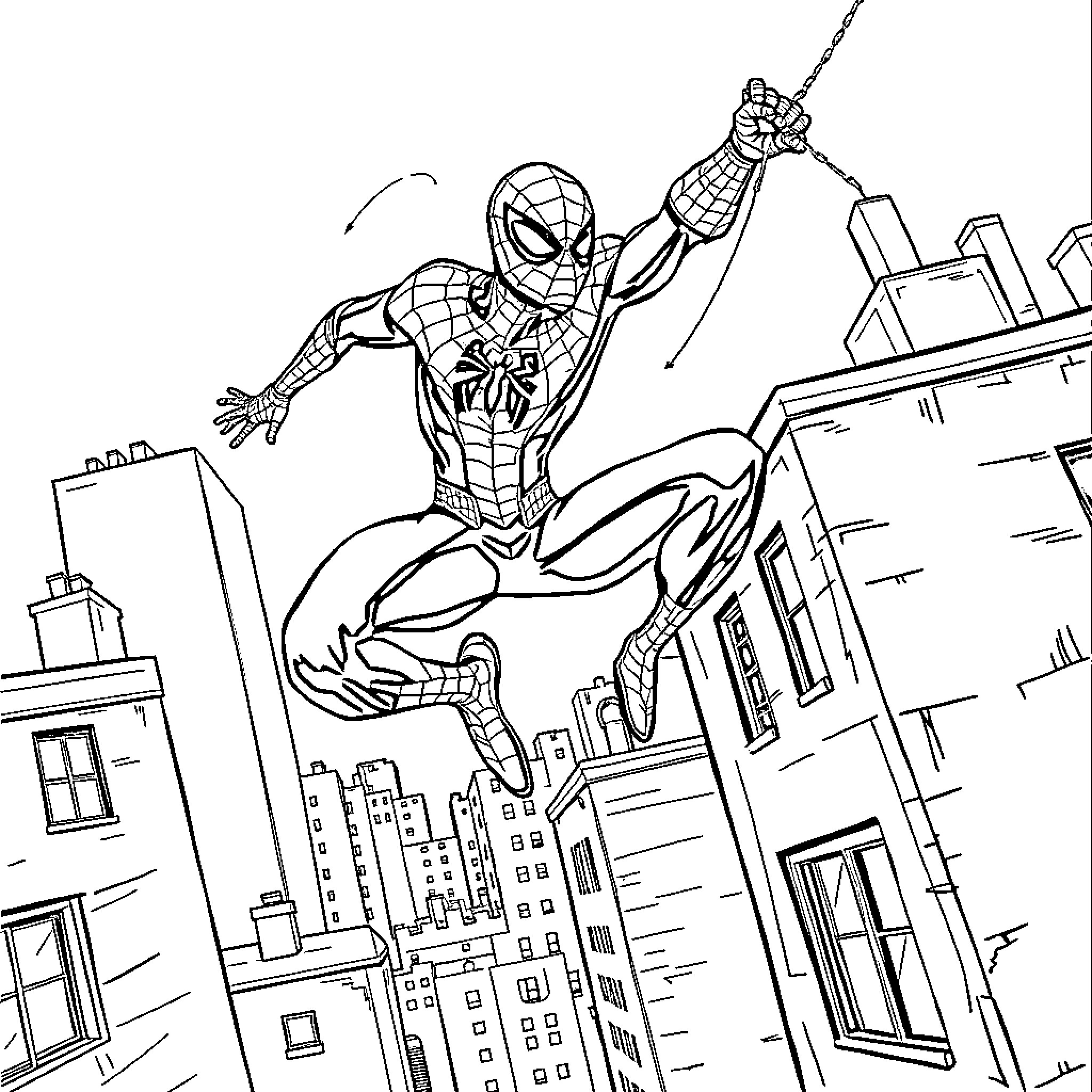 Spider-Man swinging through the city skyline Coloring Page (free black-and-white line drawing printable PDF for all, from beginners to advanced learners, including children, teens, adults, and seniors)